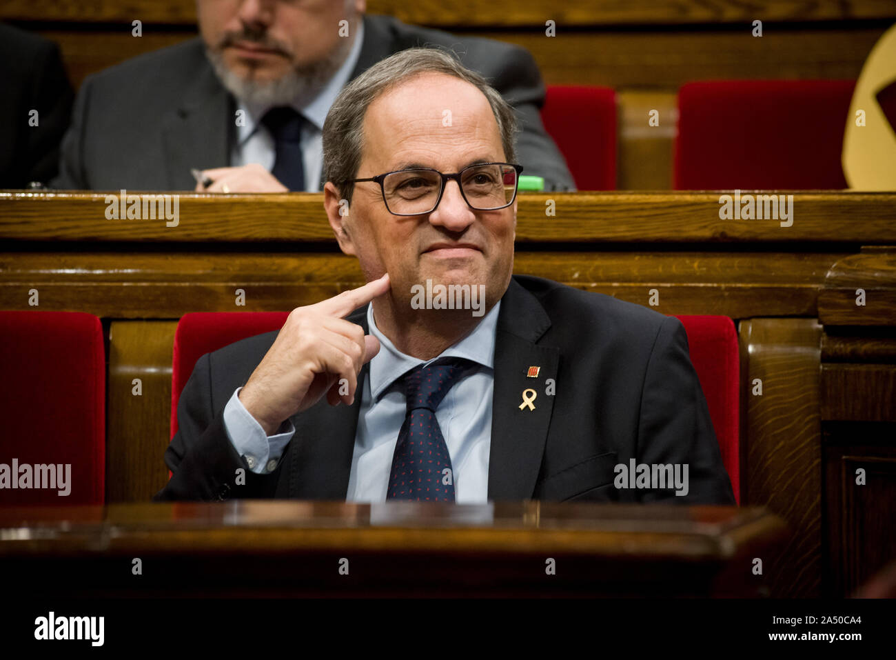 Président du gouvernement régional catalan Quim TORRA au Parlement catalan au cours d'une session plénière. Manifestations en Catalogne après avoir passé lundi dirigeants séparatistes catalans ont été reconnus coupables des crimes de sédition et de détournement de fonds publics face à des peines de prison allant de 9 à 13 ans. Banque D'Images