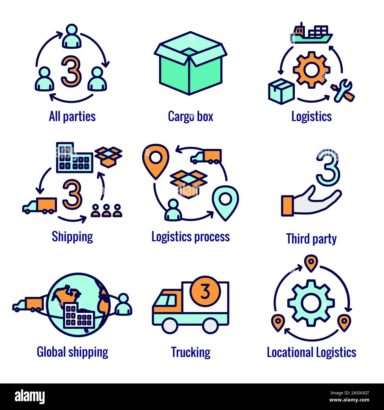 L'icône de la logistique set w bâtiments, de camionnage, d'expédition et les gens fort Illustration de Vecteur