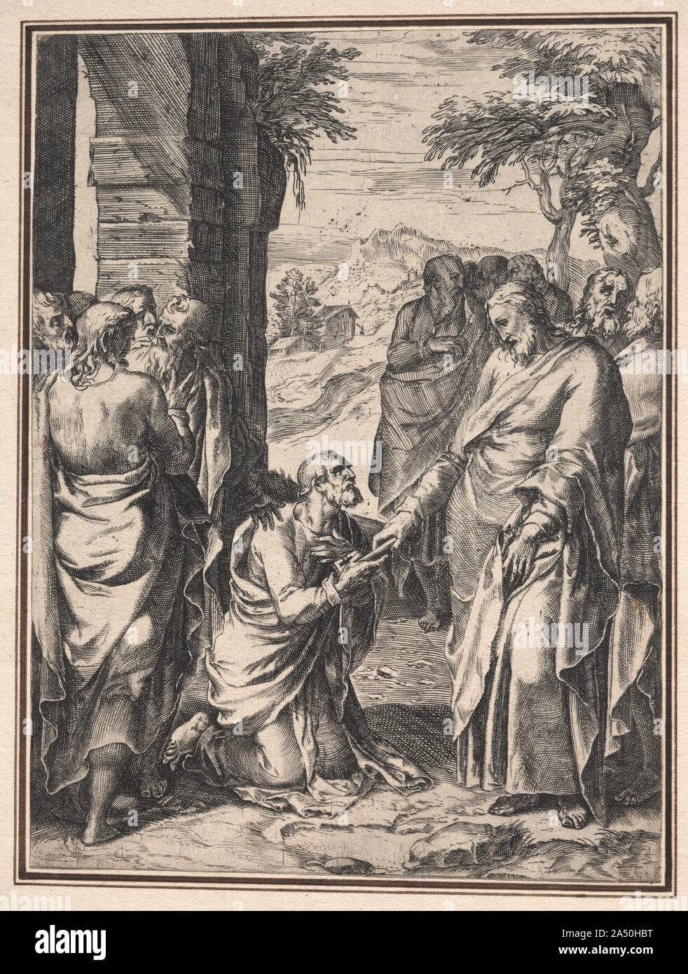 Copie de Cornelis Cort : Christ en donnant la clé de l'église de Saint Pierre, ch. 1567. Banque D'Images