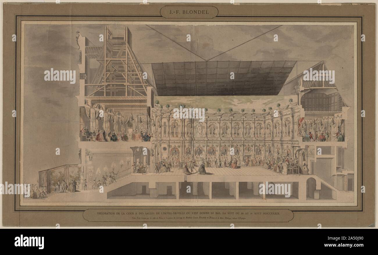 Section transversale de l'H&# xf4;tel de ville en perspective montrant la décoration et l'éclairage de la Cour et des chambres créées à l'occasion du bal donné la nuit du 30 et 31 août, 1739, 1739-1740. Cette section d'un bâtiment permet une vue unique dans un mariage royal français. Les fêtards sont habillés en costume et la danse dans l'hôtel de ville de Paris. Aucune dépense n'a été épargné dans la fête somptueuse, des fleurs aux boissons à l'élaboration de faux plafond peint pour ressembler au ciel. Banque D'Images