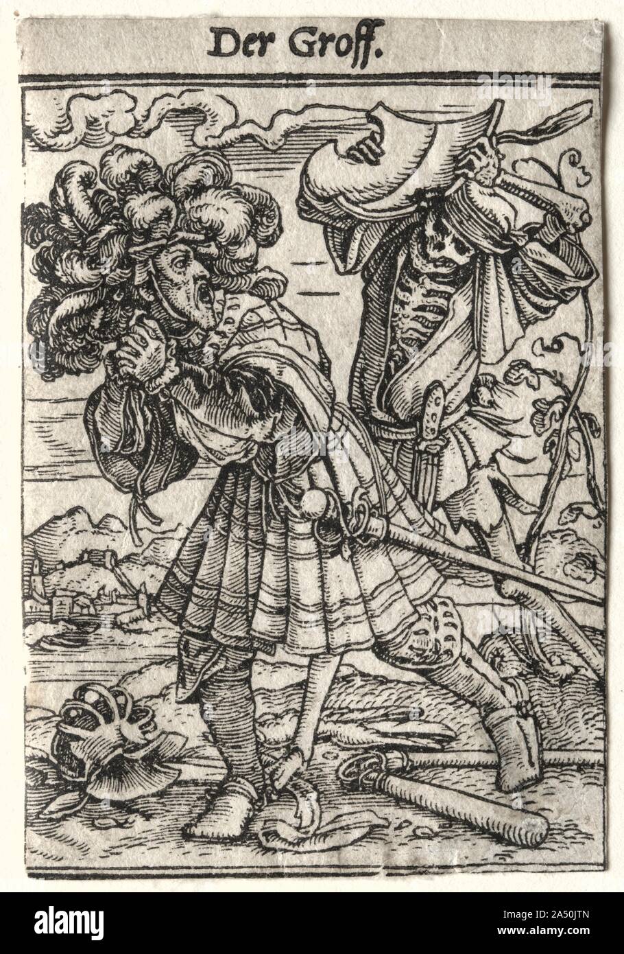 La danse de mort : le Comte, ch. 1526. Danse de mort est la plus célèbre série de gravures sur bois conçu par Holbein. La quarante-et-un blocs ont été coupées par Hans L&# xfc;tzelburger dans les années immédiatement avant sa mort en 1526, bien que l'ensemble n'a été publié qu'à 1538. Danse de mort est issue d'un drame au milieu du 14ème siècle. À la suite des épidémies comme la peste noire, ces parties ont eu lieu dans un cimetière ou cimetière. Les acteurs, vêtus de costumes pâles peintes pour ressembler à des squelettes, la mort personnifiée et a convoqué un groupe de gens de toutes les classes sociales dans un dancelike pr Banque D'Images