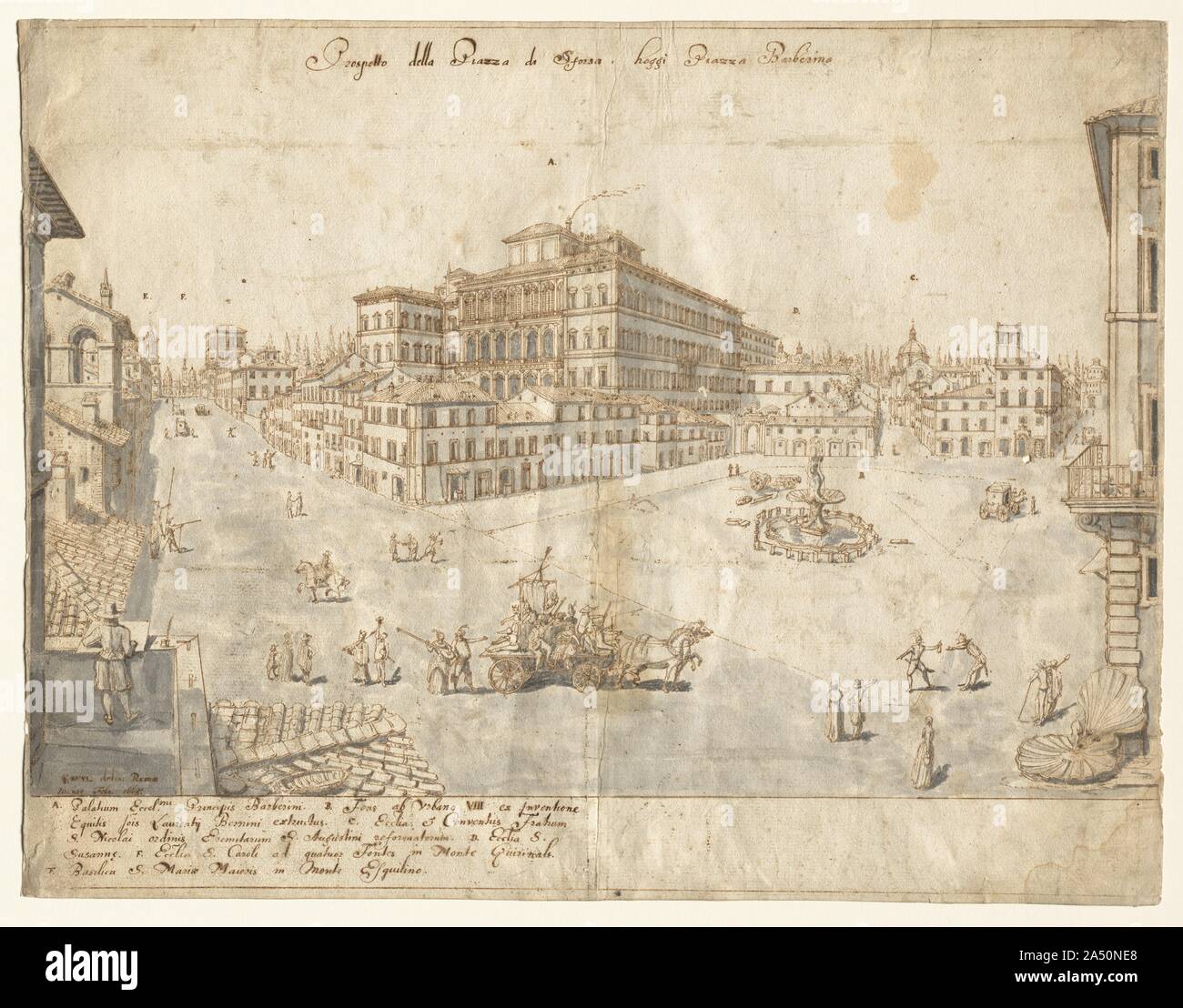 Dix-huit vues de Rome : La Piazza Barberini (recto), 1665. Banque D'Images