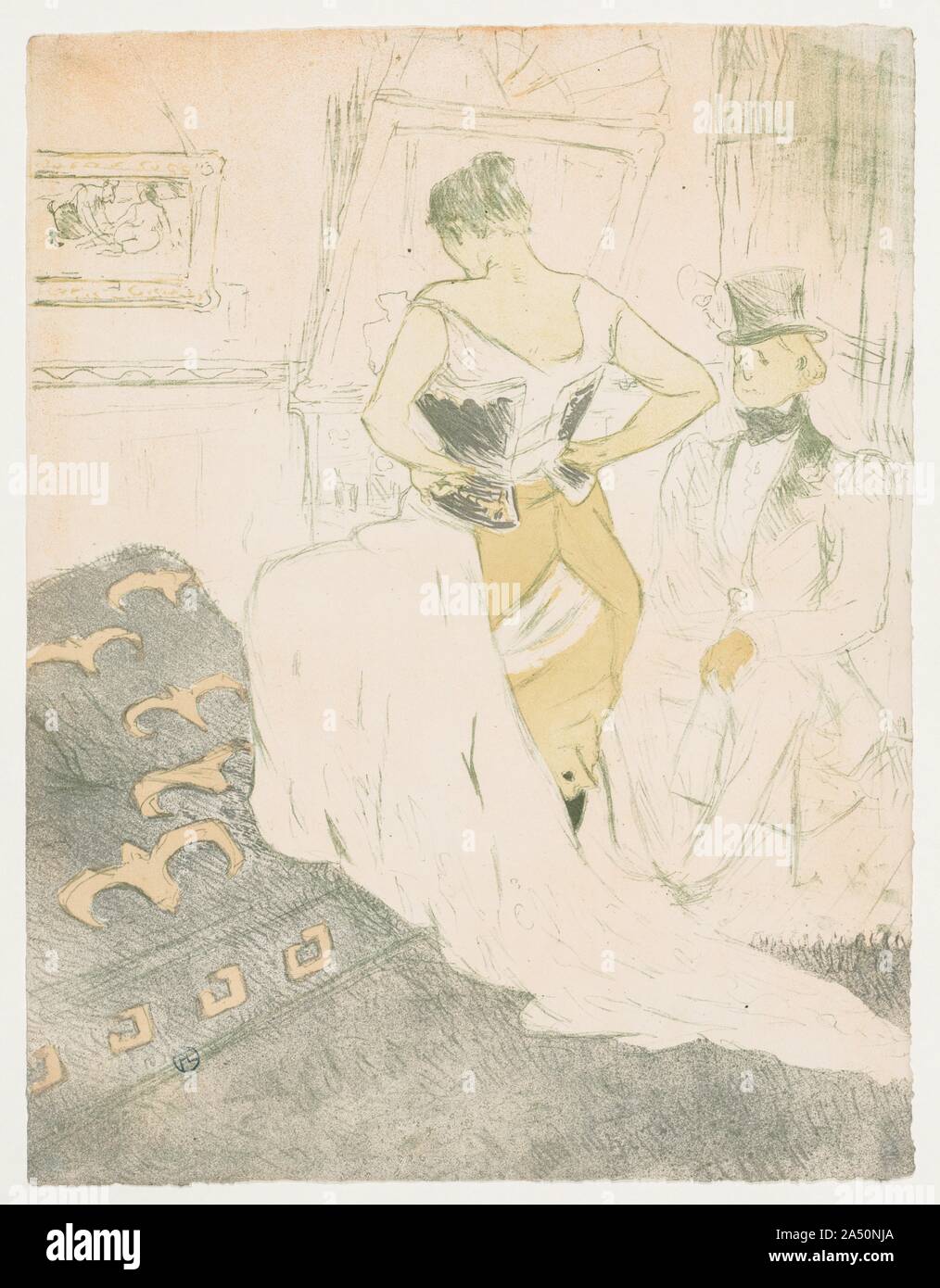 Elles : femme dans un corset, 1896. Comme Cassatt, Toulouse-Lautrec a également fait une série de photos couleurs illustrant la vie quotidienne des femmes, mais au lieu de représenter les femmes et les mères bourgeoises, ses sujets étaient des prostituées. Sa série de 12 lithographies intitulé Elles courageusement confrontés à la réalité de la fin du xixe siècle les bordels parisiens de la rue de moulins et de la rue de Richelieu, dans de riches qui recherche du plaisir avec les filles des pauvres était légal et accepté. Bien que pas des portraits d'une beauté classique, ses représentations de prostituées parisiennes embrasser le poignant des droits de l'expérience Banque D'Images