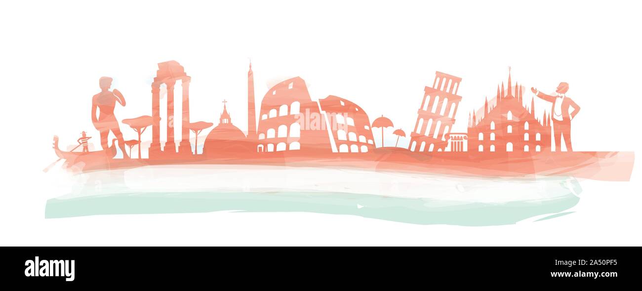 Bannière italienne avec aquarelle monument symbole sur le drapeau Illustration de Vecteur