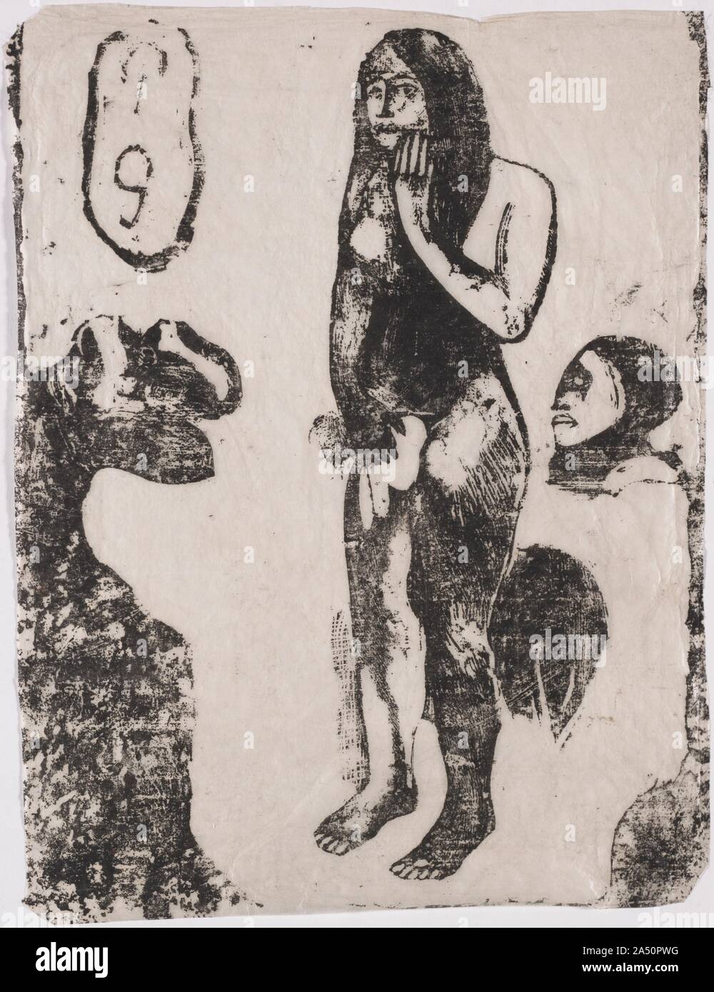 Eve, 1898-1899. Dans sa quête de concilier les Évangiles du Nouveau Testament avec l'esprit de la science moderne, Gauguin a créé 14 gravures sur bois qui mélange l'imagerie chrétienne et polynésiennes pour créer les équivalents visuels des paraboles ou des fables. Ici, Eve&# x2019;s geste de modestie rappelle plus tôt les représentations de son expulsion du Jardin d'Eden, mais la tête, le phoque à capuchon désincarnée tupapau (une perle de mauvais esprit), et le rat (l'ombre d'un fantôme) sont des symboles polynésiens. La combinaison de veille, une image de la culpabilité et de violation, avec des symboles de Tahiti de décès augmente la puissance de la scène. Ce s Banque D'Images
