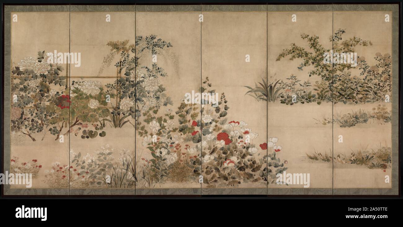 Fleurs des Quatre Saisons, milieu des années 1600. Vérifier l'identité du peintre connu sous le nom de Kitagawa Sosetsu à partir de la première moitié du dix-septième siècle reste une tâche difficile, mais fascinant. Contrairement à son prédécesseur Tawaraya Sotatsu plus polyvalent (mort c. 1640), peint seulement Sosetsu et byobu hanging scroll compositions. Bien qu'il n'a pas collaboré avec le célèbre Kyoto calligraphes, concepteurs de livre, ou des œuvres littéraires ou de la cour, les chiffres apparaissent comme des images attrayantes sur ces byobu étaient populaires à l'époque, à en juger par le nombre de pièces que survivre. À cet égard, alors que sa carrière s'est Banque D'Images