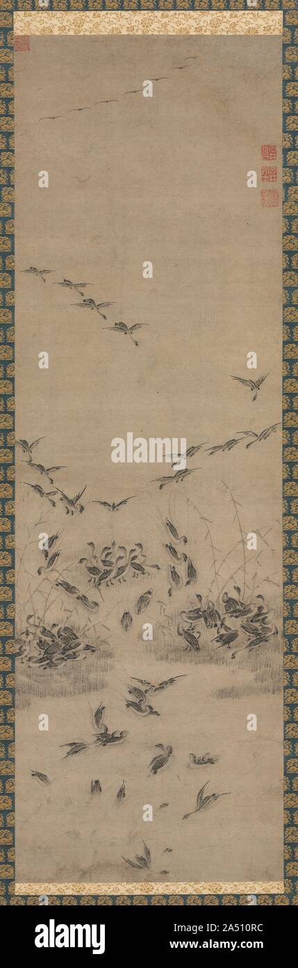 Les Oies de retour à la maison, années 1500. La scène d'oies en ordre décroissant à un banc est né d'un poème très populaire en Chine et le thème en peinture, huit points de vue de Xiao Xiang River. Les oies sont le symbole de l'automne parce qu'elles migrent des régions du nord comme la Sibérie à séjour en Corée à la fin de l'automne et l'hiver. En Corée, le mot pour les oies dans le bosquet, noan , a la même prononciation avec le mot pour "la vie confortable à la vieillesse." Avec ce double sens pour une vie heureuse, le motif du retour des oies a gagné en popularité tant en porcelaine Goryeo Joseon et peintures. Banque D'Images