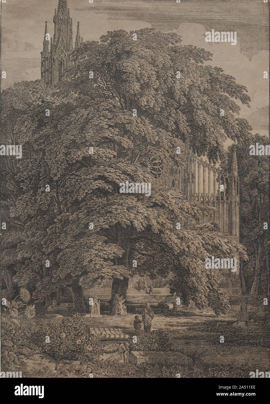 L'église gothique entre chênes, 1810. Schinkel a été le principe de l'architecte allemand de la première moitié du 19e siècle. Responsable de presque chaque bâtiment public de Berlin, ses bâtiments néoclassiques de la ville, basée sur l'utilisation rationnelle de l'ordre et les proportions classiques de l'antiquité, est venu de définir la puissance et la stabilité de la capitale prussienne. Schinkel a également eu une carrière de peintre et graveur dans lequel il a développé ses idées de splendeur architecturale dans les paysages que la nature juxtaposées avec des bâtiments. Le thème de la cathédrale gothique visionnaire imprègne son travail. L'église gothique parmi chênes comb Banque D'Images