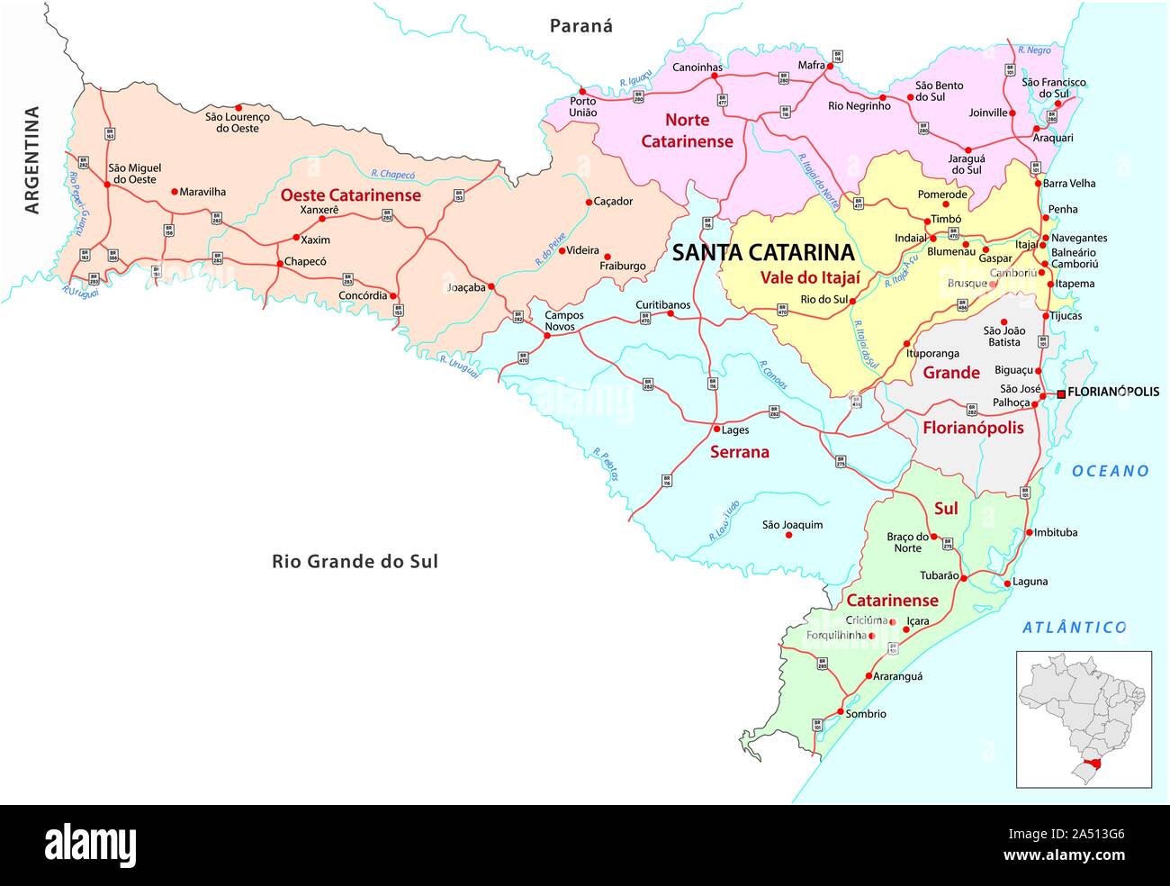 Santa Catarina Brésil carte administrative et routière Illustration de Vecteur