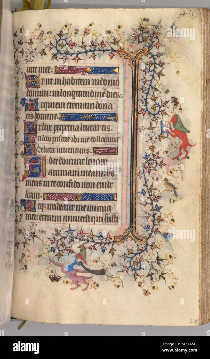 Heures de Charles le Noble, roi de Navarre (1361-1425) : fol. 220r, texte, ch. 1405. Ce précieux volume était évidemment très recherché par son propriétaire, le français, roi de Navarre, qui avait ses armoiries peintes sur pas moins de vingt pages. Plutôt que directement à la mise en service de ce manuscrit d'un atelier spécifique, il semble que Charles le Noble a acquis son livre d'heures -- peut-être effectué pour le marché du luxe -- lors d'un voyage à Paris en 1404-05. Un effort de collaboration, six styles de peinture sont mis en évidence dans les pages de ce codex, celles de deux Italiens, deux Français et deux N Banque D'Images