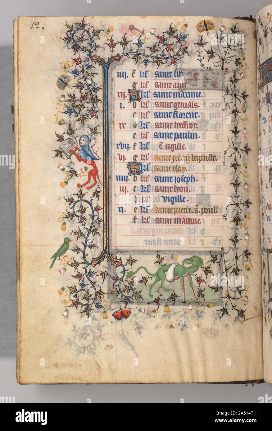 Heures de Charles le Noble, roi de Navarre (1361-1425) : fol. 6v, juin, c. 1405. Ce précieux volume était évidemment très recherché par son propriétaire, le français, roi de Navarre, qui avait ses armoiries peintes sur pas moins de vingt pages. Plutôt que directement à la mise en service de ce manuscrit d'un atelier spécifique, il semble que Charles le Noble a acquis son livre d'heures -- peut-être effectué pour le marché du luxe -- lors d'un voyage à Paris en 1404-05. Un effort de collaboration, six styles de peinture sont mis en évidence dans les pages de ce codex, celles de deux Italiens, deux Français, et deux Banque D'Images