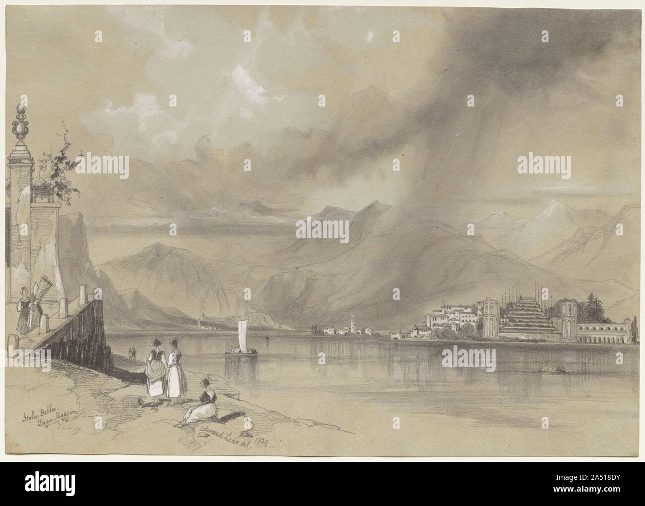 Isola Bella, Lago Maggiore, 1839. Le plus célèbre pour poèmes humoristiques comme "La chouette et le Pussycat, Lear" était aussi un peintre et illustrateur avec esprit qui s'est décrit comme "peintre topographique grecque par excellence." En tant que jeune artiste, il se rend à Rome et est resté à l'étranger pour la majorité de sa vie. Il a entrepris des visites à pied en Italie, Grèce, Suisse, et la France, et esquissé avec assiduité. Lors de trouver ce qu'il considéré comme un bon sujet, Lear a observé le paysage à travers un monocle puis rapidement esquissé les détails de l'avis dans le graphite, habituellement l'enregistrement de la pr Banque D'Images