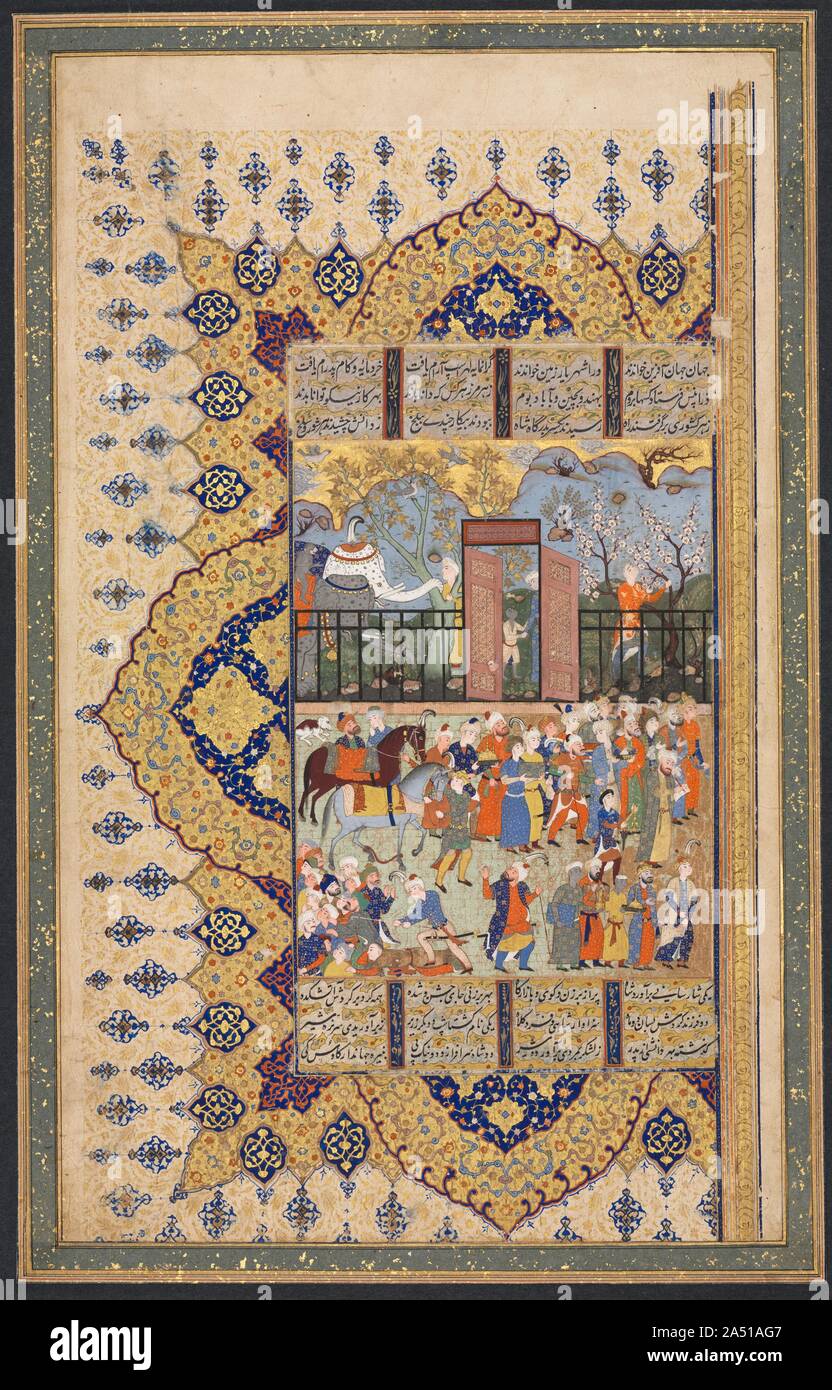 Le Roi monte sur le trône de Luhrasp : UN Processon arrive à la Cour (Recto) ; Gauche folio d'une double page illustrée et Bi-éclairé avec folio (Texte persan versets) dans le manuscrit d'Shahnama de Firdawsi, ch. 1560s-80s. Cette scène d'une procession d'arriver à la cour était sûrement terminée par la cour scène elle-même. L'objet de la couverture n'avait rien à voir avec le texte qu'elle a assisté, et le texte n'a pas été identifié. Banque D'Images