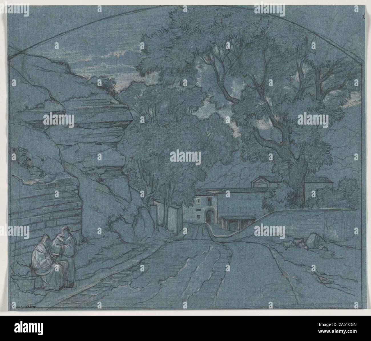 Paysage avec deux moines, ch. 1840. Bertin a étudié d'abord avec Girodet et plus tard avec Ingres et d'eux a acquis une connaissance de paysage classique. Il a commencé sa carrière en présentant un paysage historique au Salon de 1827, mais peu de temps après, il a rompu avec la tradition classique et s'est consacré à la peinture et le dessin à partir de la nature. Il a beaucoup voyagé en Europe, notamment en Italie, où il a vécu pendant plus d'une décennie. Dans ce dessin sur papier bleu, deux moines remplir une scène routière italienne. Combiné Bertin, un examen approfondi de la nature dans le rendu particulier des arbres Banque D'Images