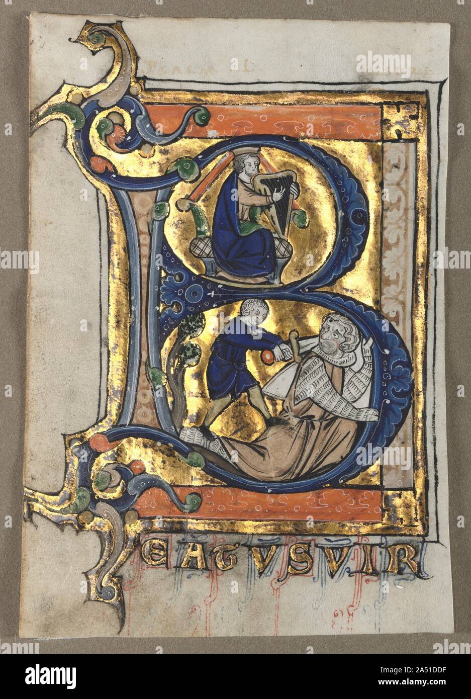 Leaf excisés d'un Psautier : B initial avec le roi David, ch. 1260. Endroits traditionnels dans les textes du manuscrit psalters furent marqués par les initiales décorées ou pleine page de miniatures. Ces miniatures désigné les grandes divisions des psaumes comme utilisé dans l'office quotidien. La qualité extraordinaire de ces miniatures suggère qu'ils ont décoré un psautier de luxe fait pour un riche mécène aristocratique ou. Banque D'Images