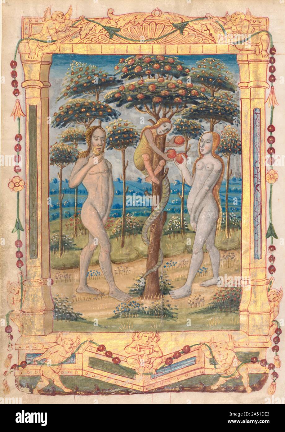 Feuille d'un livre d'heures : Adam et Eve et la chute de l'homme (Prefatory miniature pour le Bureau de la Vierge) (recto) et du texte avec l'Illustre Border (verso) (1 de 3 feuilles excisées), ch. 1510. Caractéristique de la main de l'artiste, la couleur orange-rouge se combinent avec des bleus, verts, et une abondance de lavage de l'or dans cette feuille. Il a utilisé des lignes parallèles ou crosshatching en or pour indiquer l'ombrage, met en lumière, et la texture de draperies, suggérant une certaine connaissance de l'estampe, un art pour lequel Rouen est également un centre important. Ses chiffres ont de grandes, abondamment décrit visages ovales. Ce m Banque D'Images