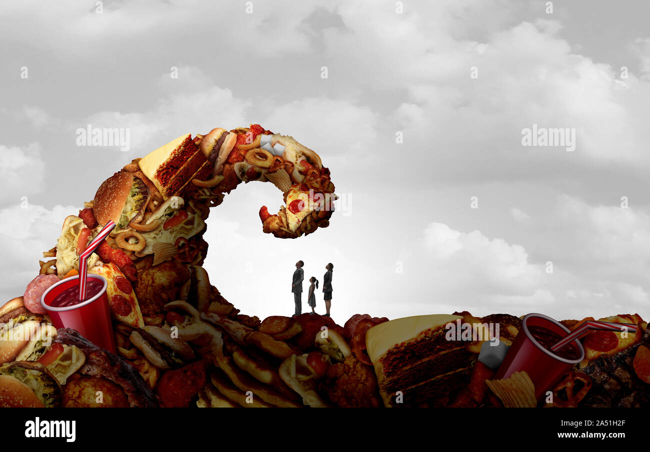 Problème de la nutrition des familles et des familles de manger une alimentation malsaine comme une dangereuse vague sur les parents et un enfant fait de la malbouffe comme des hamburgers soda. Banque D'Images