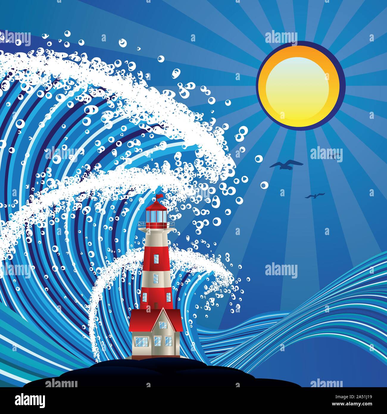 Stylisé bleu mer avec de grosses vagues et le phare. Illustration de Vecteur