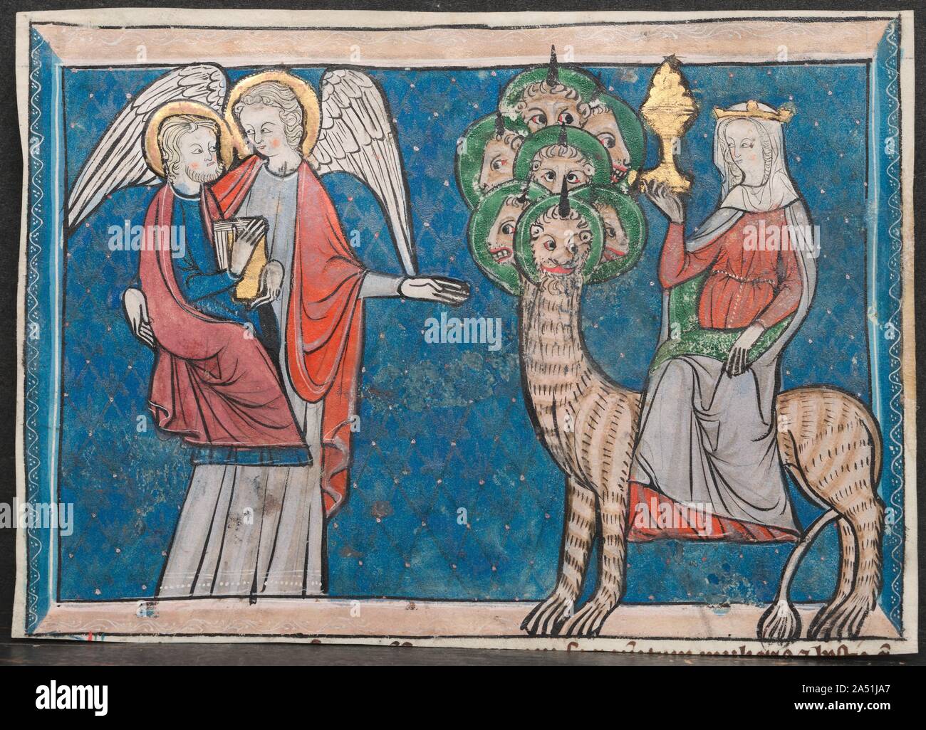À partir de la miniature d'un manuscrit de l'Apocalypse : la femme sur la bête écarlate et la chute de Babylone, ch. 1295. Le texte visionnaire de Saint Jean l'évangéliste, l'Apocalypse le dernier livre du Nouveau Testament, a inspiré ces images du salut, le péché et le châtiment divin. Un grand nombre de volumes illustrés de l'Apocalypse est apparu dans le Nord de l'Europe, surtout en Angleterre, après l'année 1240, ce qui reflète peut-être une peur de la fin. Banque D'Images