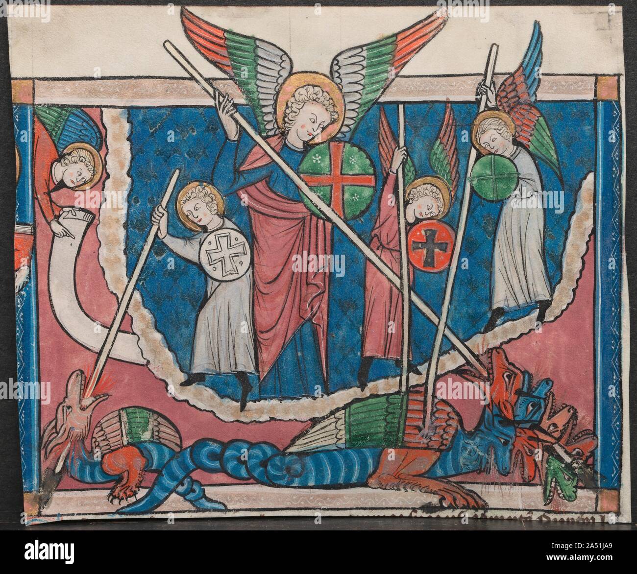 À partir de la miniature d'un manuscrit de l'Apocalypse : la guerre dans les cieux, ch. 1295. Le visionnaire texte de saint Jean l'Evangéliste's Apocalypse, le dernier livre du Nouveau Testament, a inspiré ces images du salut, le péché et le châtiment divin. Un grand nombre de volumes illustrés de l'Apocalypse est apparu dans le Nord de l'Europe, surtout en Angleterre, après l'année 1240--ce qui reflète peut-être une peur de la fin. Ces miniatures proviennent d'un manuscrit produit en Lorraine, puis artistiquement influencé par des modèles anglais. Banque D'Images