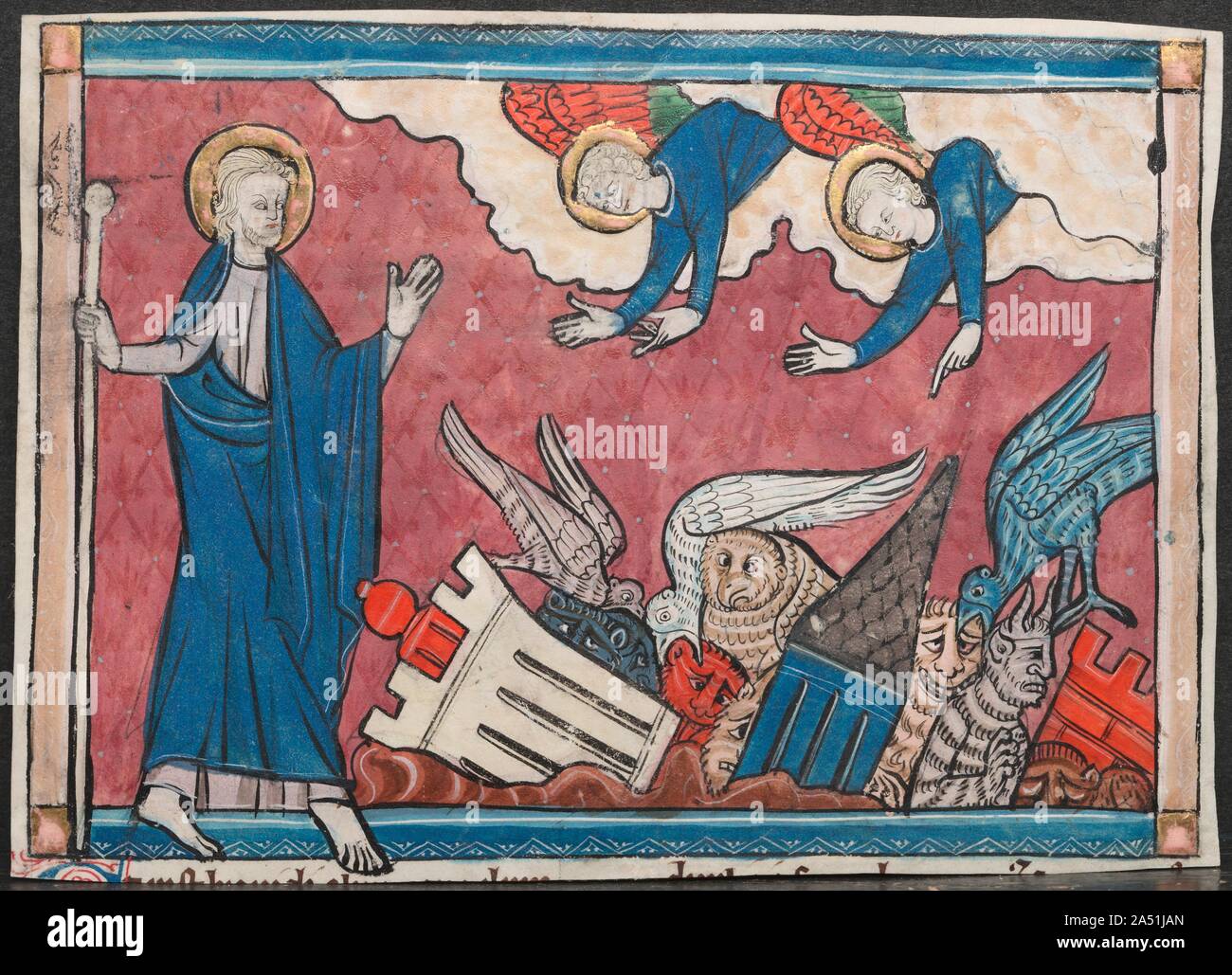 À partir de la miniature d'un manuscrit de l'Apocalypse : La chute de Babylone, ch. 1295. Le visionnaire texte de saint Jean l'Evangéliste's Apocalypse, le dernier livre du Nouveau Testament, a inspiré ces images du salut, le péché et le châtiment divin. Un grand nombre de volumes illustrés de l'Apocalypse est apparu dans le Nord de l'Europe, surtout en Angleterre, après l'année 1240--ce qui reflète peut-être une peur de la fin. Ces miniatures proviennent d'un manuscrit produit en Lorraine, puis artistiquement influencé par des modèles anglais. Banque D'Images