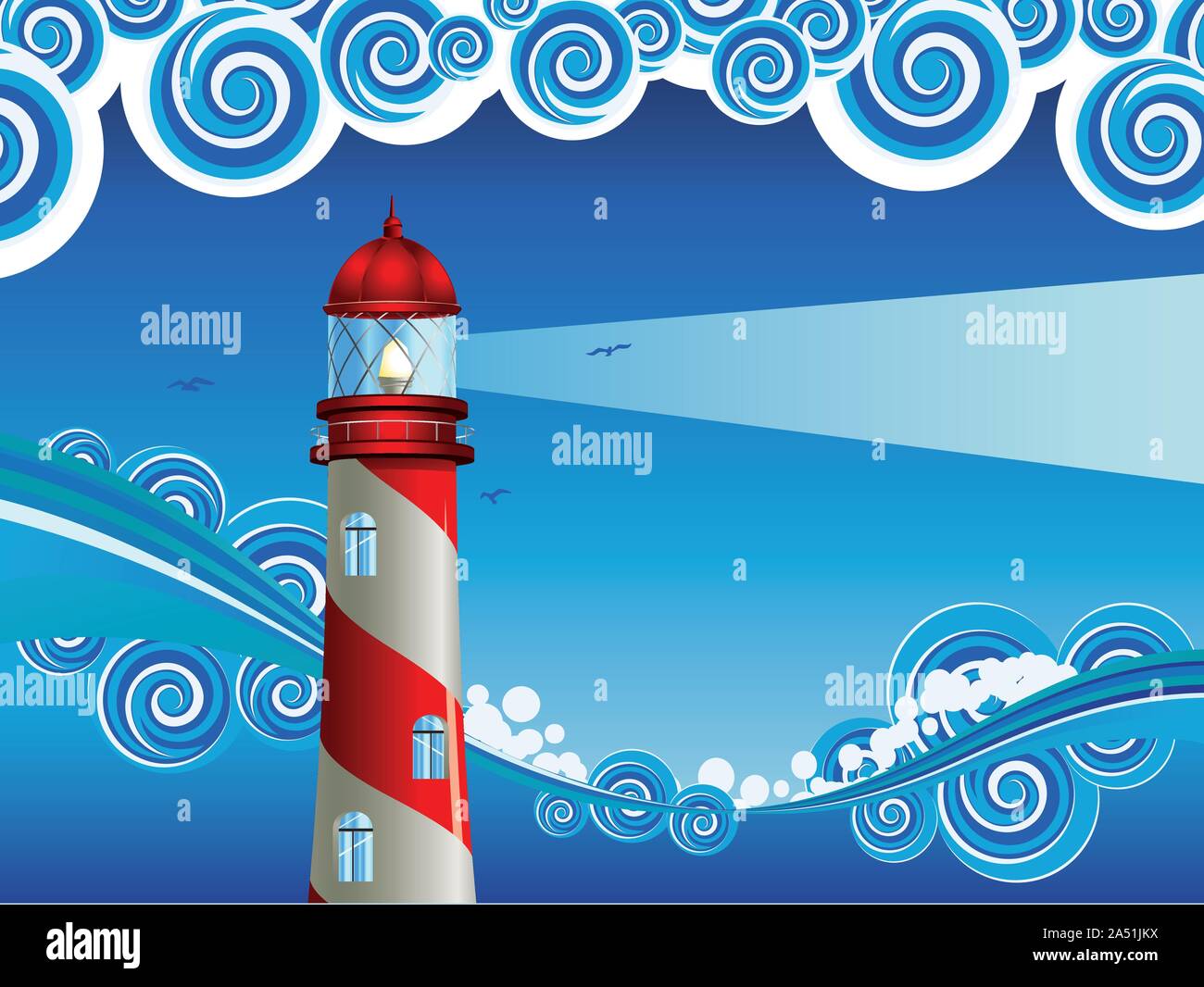 Stylisé bleu mer avec de grosses vagues et le phare. Illustration de Vecteur