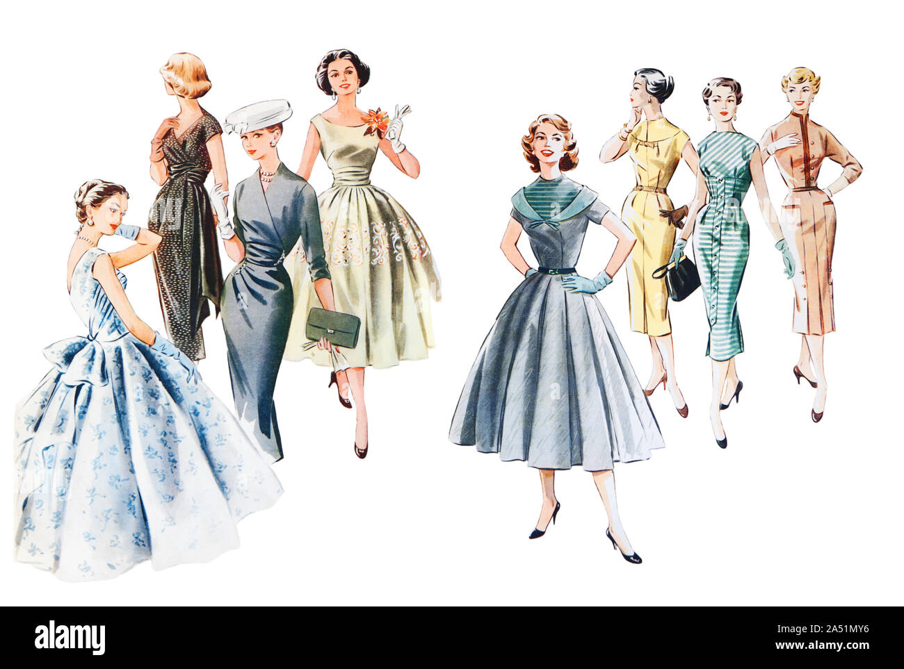 S'habiller de soie et laine pour les femmes, isolé sur blanc. Fashion 1958-1959 Banque D'Images