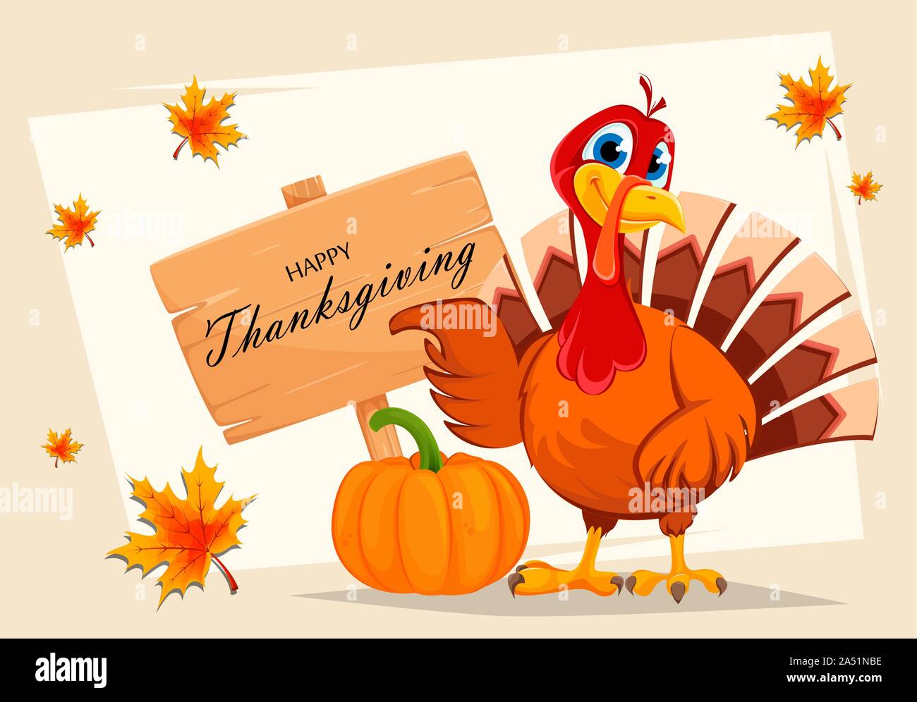 Joyeux Thanksgiving Dinde De Thanksgiving Pointer Sur Panneau En Bois Avec Les Salutations Vector Illustration Avec Feuilles D Erable Sur L Arriere Plan Image Vectorielle Stock Alamy