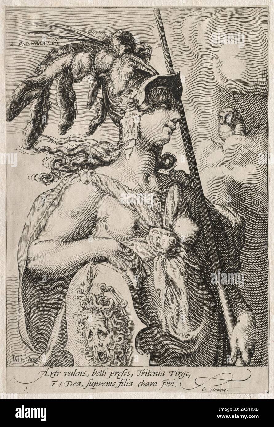 Pallas Athena, ch. 1595. Goltzius a popularisé un style de la gravure avec les patrons d'hypnotisant effilé, et les lignes s'entrecroisent ; il a été particulièrement apprécié à la fin des années 1500. Conçu pour son élève Saenredam à graver, ces empreintes représentent les trois déesses de l'histoire du jugement de Paris , dans lequel chaque réclamé la pomme d'or à attribuer à la plus belle. Arrêt différé de Jupiter à Paris, un mortel estimé pour son ouverture d'esprit. Juno et Athena a essayé de soudoyer Paris avec un empire et de compétence dans la guerre, mais Vénus lui fit une offre qu'il ne pouvait pas résister : Helen, la Banque D'Images