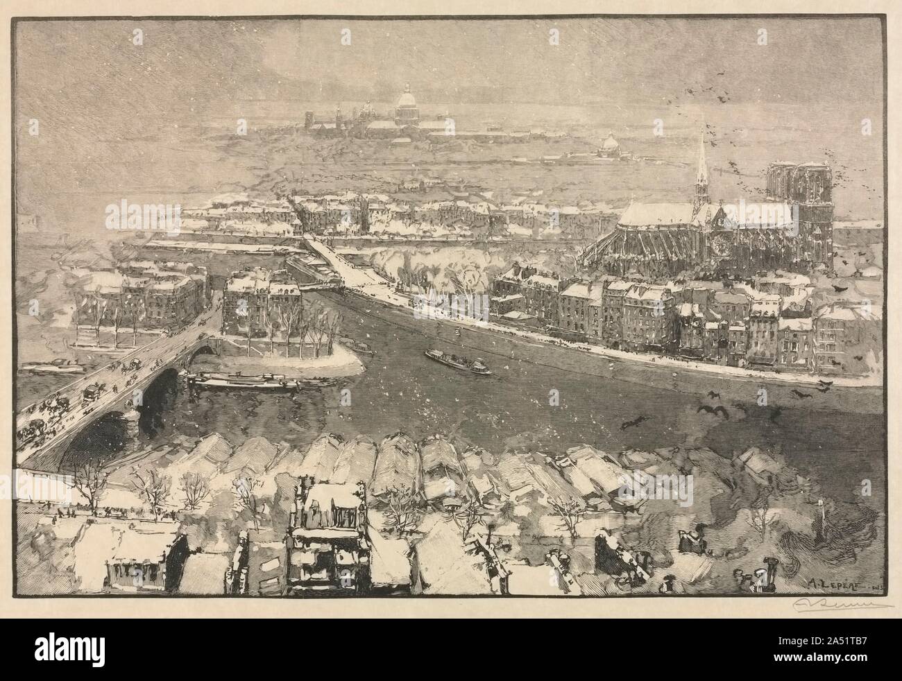 Paris sous la neige, 1890. Gravure sur bois a été mis au point à propos de 1770 en Angleterre par Thomas Bewick (1753-1828). Depuis la fin de grain un bois dur est utilisé, le bloc peut être gravé avec un instrument appelé un burin, décisions étroitement set lignes possible et produire une grande variété de textures et de tons. La surface du bloc est encrée et imprimée de façon à ce que les lignes gravées apparaissent comme des zones blanches. La force du bloc signifiait que de nombreuses impressions pourraient être imprimés. La gravure sur bois est ainsi devenu la principale méthode pour illustrer des livres et journaux du 19e siècle. Le LEP&# xe8;re a élaboré un Banque D'Images