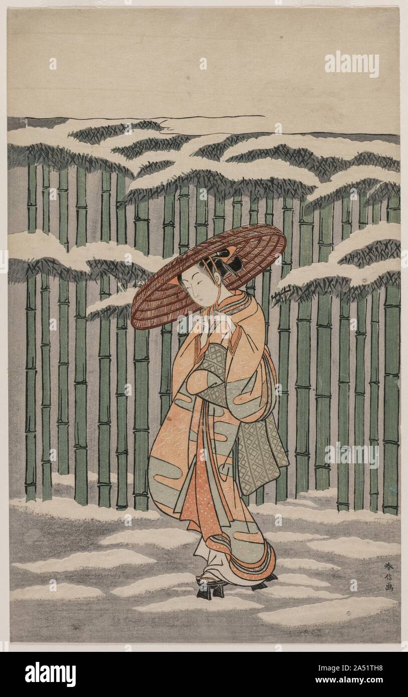 Passant le Bamboo Grove, 1868-1912. Le premier état de cette gravure a été émis en privé comme une impression de calendrier pour 1766, avec les mois de l'année représentée dans la ceinture de la femme. C'était illégal de vendre tout type de calendrier sans une licence du gouvernement, et cette impression est un état plus tard avec le calendrier remplacé par un modèle vérifié afin que le print pourrait être vendu dans le commerce. Banque D'Images