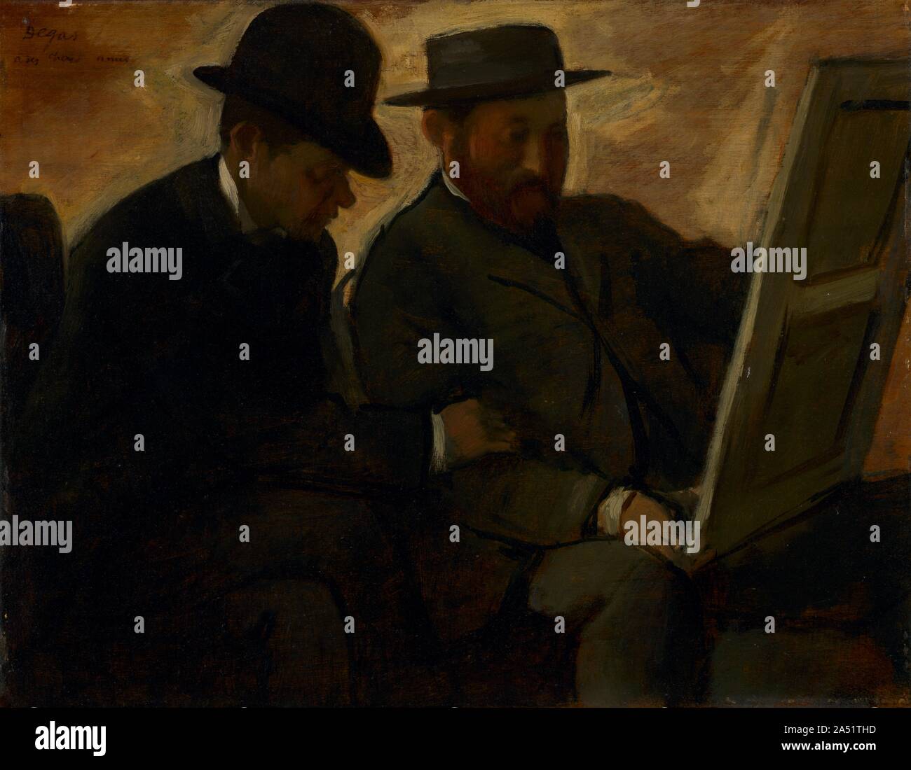 Paul Lafond et Alphonse Cherfils examinant une peinture, ch. 1878-1880. Le coin supérieur gauche de cette peinture porte une dédicace de Degas "à ses chers amis." Le double portrait dépeint Paul Lafond (à gauche), futur conservateur du musée d'art à Pau, dans le sud-ouest de la France, et Alphonse Cherfils (à droite), un collectionneur d'art et défenseur des impressionnistes. Grâce à l'influence de ces amis, les œuvres de Degas ont été sélectionnés pour les expositions annuelles de la Soci&# xe9;t&# xe9 ; des Amis des Arts (Société des Amis des Arts), et sa peinture, un Office du coton (1873), a été le premier par th Banque D'Images
