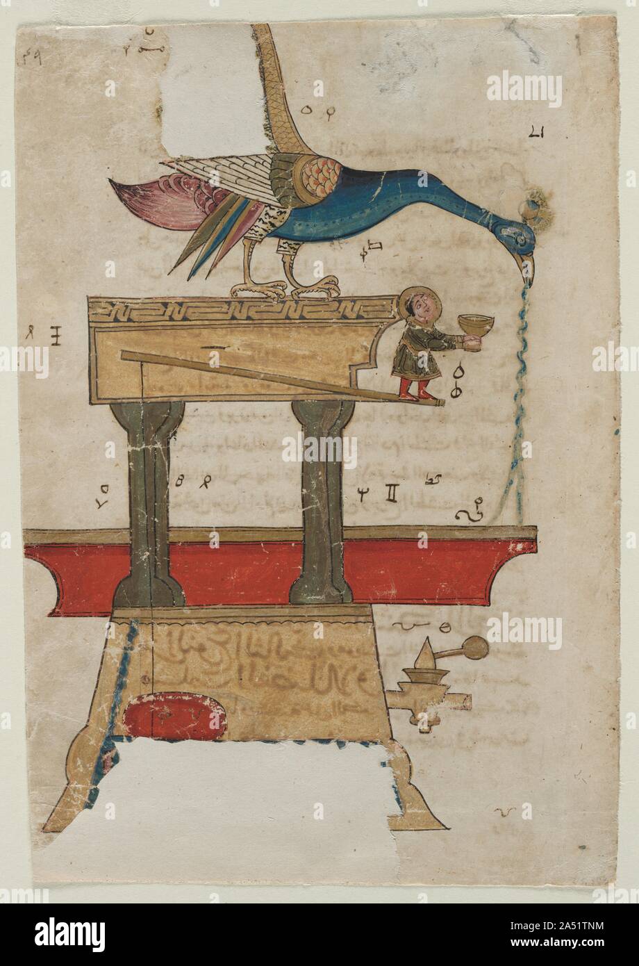 Lavage des mains en forme de paon Appareil : illustration du livre de la connaissance des dispositifs mécaniques ingénieux (automates) de l'INB al-Razza al-Jazari (recto), 1315. Le titre arabe de ce travail est Kitab fi al-hiyal marifat al handasiyya (Le Livre de la connaissance des dispositifs mécaniques ingénieux). Selon la description de l'appareil illustré ici, le paon est rempli avec de l'eau : comme il s'écoule dans le navire ci-dessous, il soulève un flotteur qui ouvre une porte dans la section ci-dessus, entraînant la petite figure d'aller de l'avant avec du savon ; plus que l'eau s'écoule, une deuxième porte s'ouvre et une autre figure w Banque D'Images