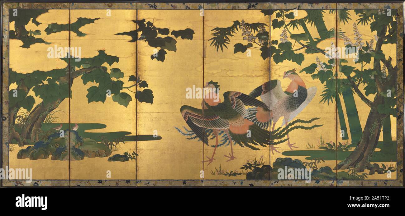 Paons et Phénix, fin des années 1500. Dans cette extraordinaire paire d'écrans, des couples de paons et phénix se tenir entre le bambou et le paulownia. Phénix oiseaux fantastiques sont dit d'habiter et de paulownia manger du bambou, et de célébrer les dirigeants vertueux. Les oiseaux sont représentés dans l'art japonais à partir de la période Kofun (300-710) à propos d'AD, et leur inscription avec paulownia devient la norme dans les arts décoratifs de la période Heian (794-1185). Les oiseaux qui sont des paons s'amuser dans le lac du Bouddha Amida&# x2019;s Terre Pure, un paradis où beaucoup une fois que l'espoir de trouver Banque D'Images