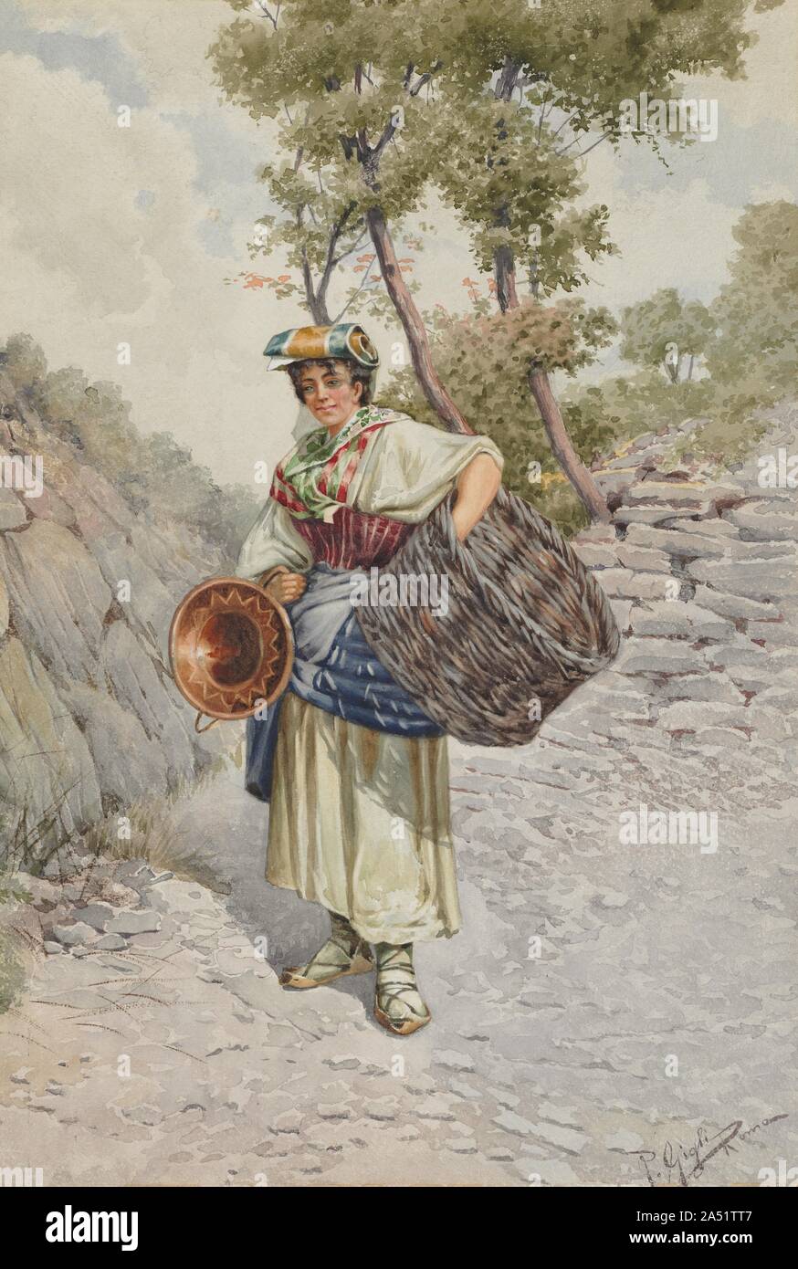 Fille de paysan sur une route pierreuse, années 1800. Banque D'Images