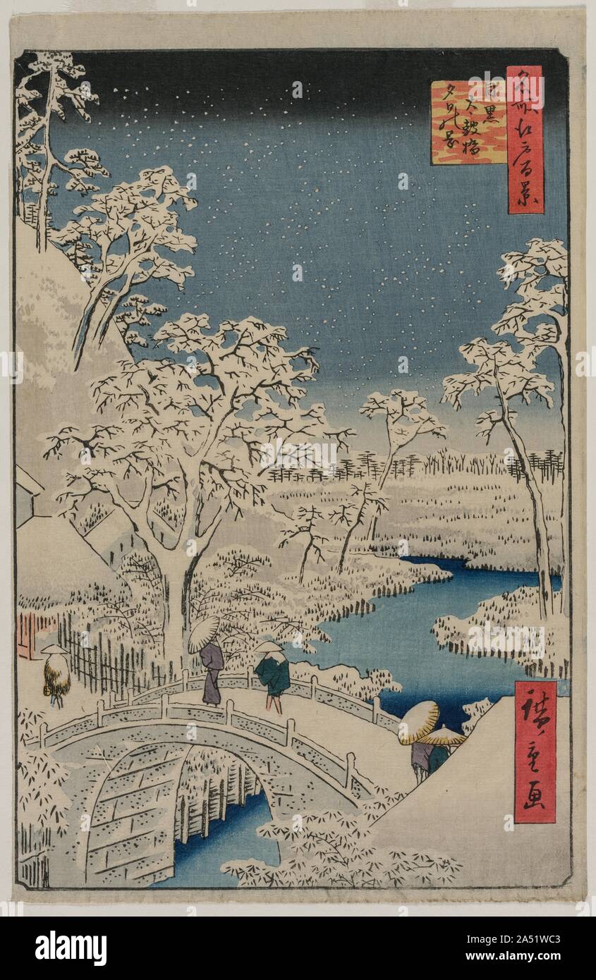 Photo de Twilight à la Drum Bridge à Meguro (de la série 100 Vues de lieux célèbres d'Edo), 1857. Banque D'Images