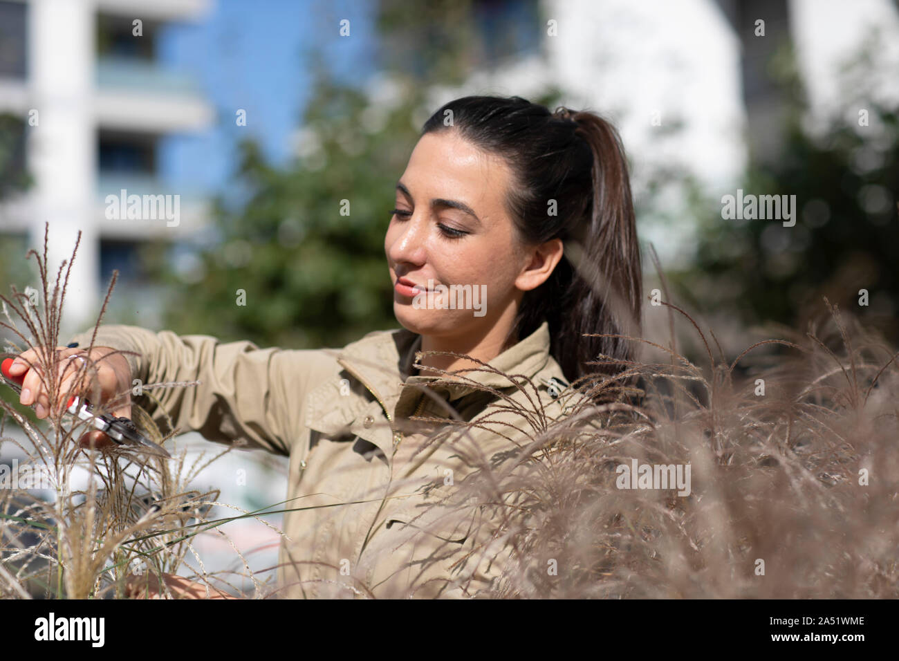 Jeune femme jardinier cutting grass Banque D'Images