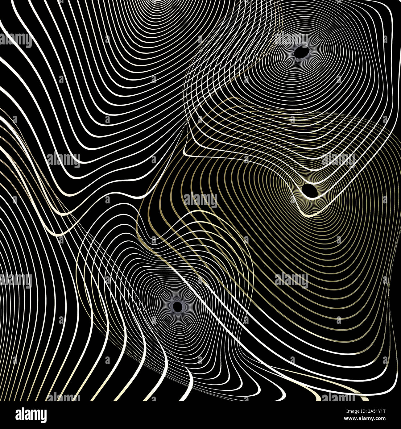 Les cercles concentriques à rayures déformée de lignes ondulées de couleur doré sur fond noir - résumé fond raster numérique généré, l'illustration. Banque D'Images