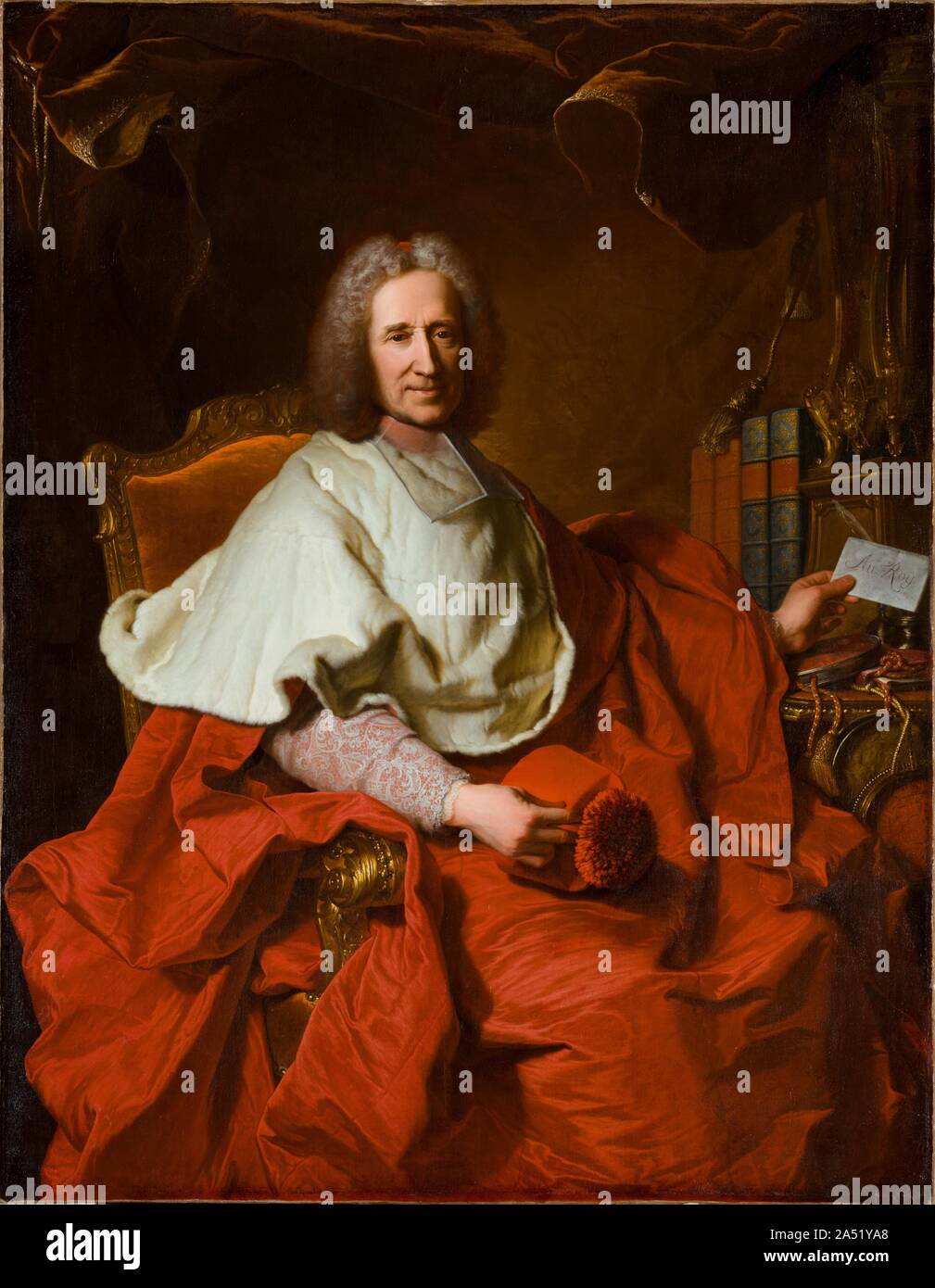 Portrait du Cardinal Guillaume Dubois, 1723. Avec son luxe, robe flamboyant&# x2014;un volumineux pack de soie écarlate surmonté d'une courte cape fourrure&# x2014;l'objet d'Hyacinthe Rigaud&# x2019;s portrait a été clairement un homme de conséquence. Guillaume Dubois a gagné la faveur de Louis XIV comme tuteur de son neveu, Philippe Charles, duc d'Orl&# xe9;que ans, et a servi comme ministre principal de Louis&# x2019;s successeurs, le régent Duc d'Orl&# xe9;ans et Louis&# x2019;s arrière-petit-fils, Louis XV. Dubois a été nommé Cardinal de l'Église catholique en 1721, un noble aspiration au moins en partie motivés Banque D'Images