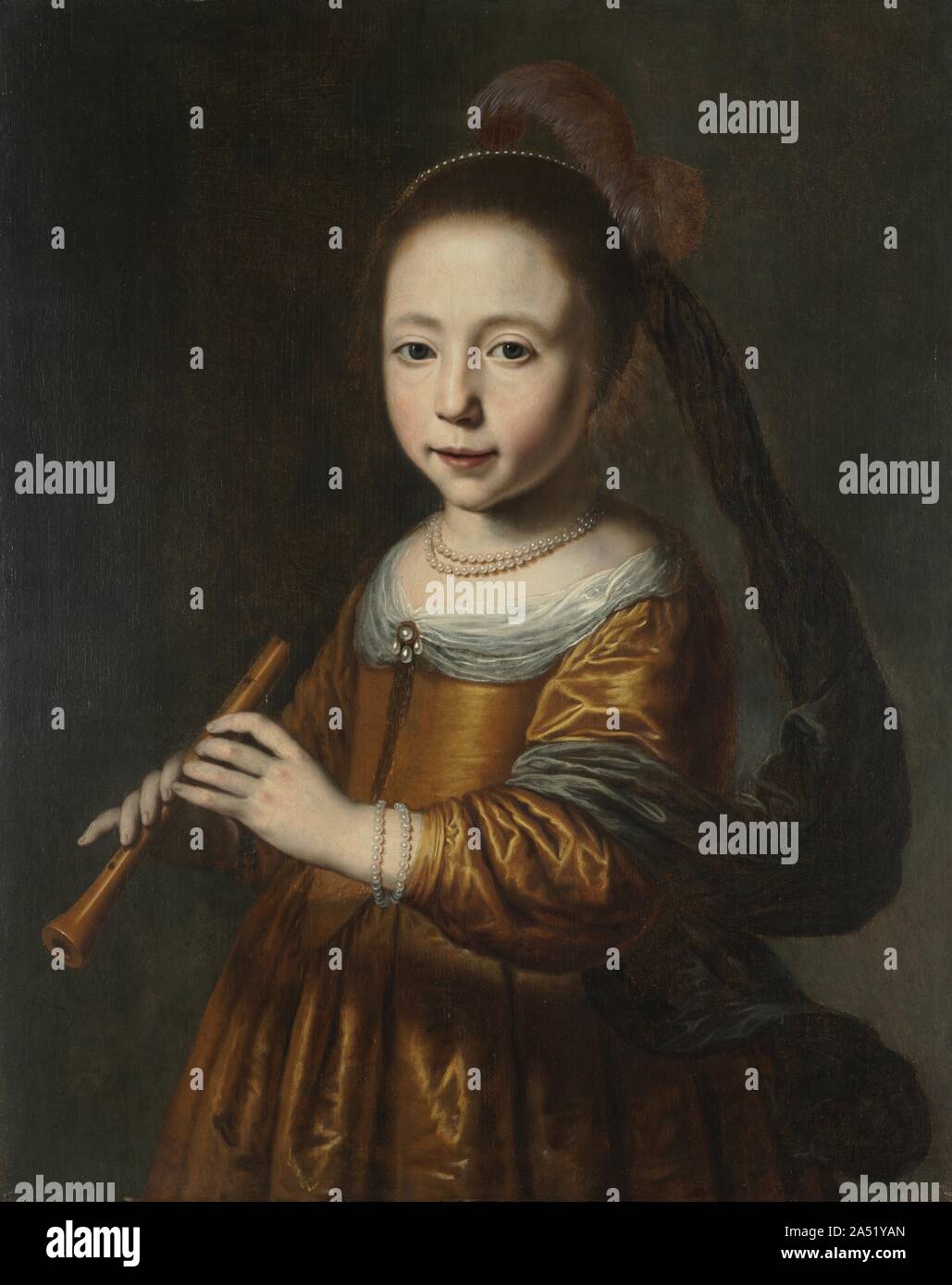 Portrait d'Elizabeth Spiegel, 1639. Ce tableau appartient à une série de portraits représentant les cinq sens et représentant chacune une fille d'une famille riche d'Amsterdam. Ce portrait de 11 ans, Elizabeth Spiegel, qui tient un enregistreur dans ses mains, représente le sens de l'audience. Sa robe de satin et coûteux des ornements de perles proclame sa famille, la prospérité, et l'importation de plumes d'autruche d'Afrique indiquent le rôle d'Amsterdam comme un centre de commerce international. Banque D'Images