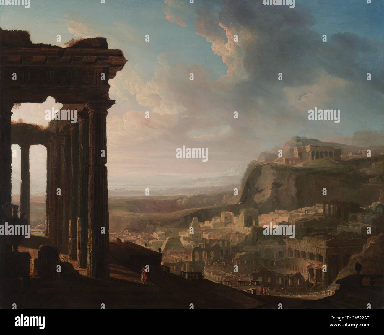 Ruines d'une ancienne ville, c. 1810 - 1820. Le tableau représente une scène imaginaire d'une ancienne ville en ruine baigné dans la lueur nostalgique du crépuscule. L'artiste détaillées, presque, de l'intérêt archéologique dans ces bâtiments grecque ou romaine est caractéristique du néoclassicisme, bien que la composition---qui plonge soudainement à partir de l'avant-plan dans une vallée profonde---et éclairages spectaculaires sont typiques de la peinture romantique. Banque D'Images Ruines d'une ancienne ville, c. 1810 - 1820. Le tableau représente une scène imaginaire d'une ancienne ville en ruine baigné dans la lueur nostalgique du crépuscule. L'artiste détaillées, presque, de l'intérêt archéologique dans ces bâtiments grecque ou romaine est caractéristique du néoclassicisme, bien que la composition---qui plonge soudainement à partir de l'avant-plan dans une vallée profonde---et éclairages spectaculaires sont typiques de la peinture romantique. Banque D'Images