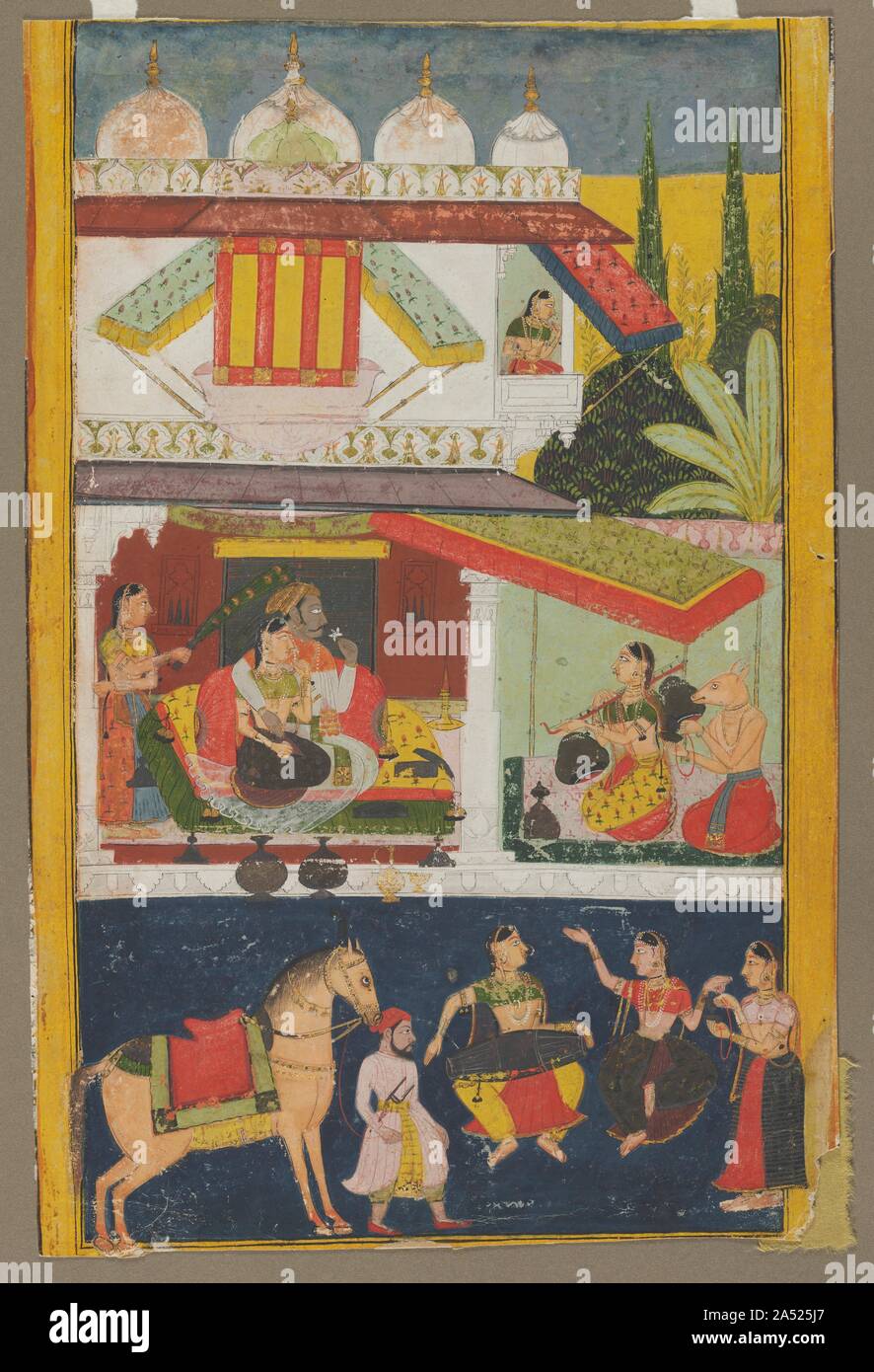 Shri Raga, c. 1695. Cette peinture est d'une importante série faite à un tournant dans l'histoire de la peinture à la cour royaume Rajput de Mewar. Pour la première fois, un patron royal, Amar Singh II (r. 1698-1710), même avant son accession au trône, a décidé d'intégrer des éléments de Mughal en art profane, comme vu dans l'architecture d'un dôme blanc et l'intérêt de transmettre une idée de l'ampleur. Néanmoins, l'artiste adhère encore à l'utilisation de registres horizontaux et bold plans de couleur. L'iconographie codifiée de Shri Raga comporte un couple royal à l'écoute de la récitation : S Banque D'Images