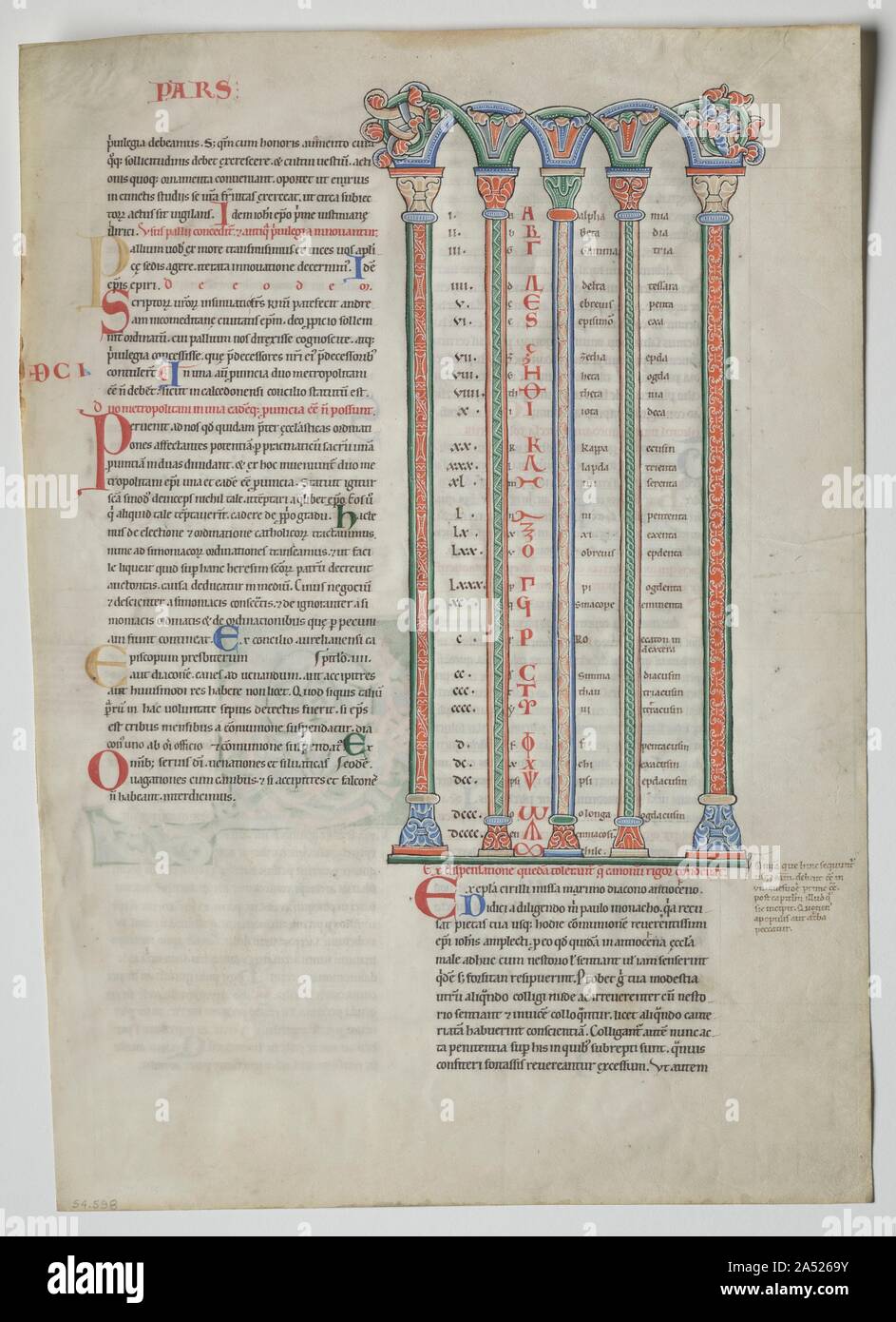 Une feuille d'un Decretum par Gratien : Chambre Double Arcade avec Concordance des alphabets latin et grec , ch. 1160-1165. Cette page a été excisée à partir d'une copie du manuel de la loi de l'église connue sous le nom de Decretum écrit par Gratien, un moine camaldule italien à Bologne active d'environ 1130 à 1140. L'objectif de la feuille est décoré d'une grande lettre Q avec spirale de pétales de lotus en présentant le premier causa , ou cas de droit. Le texte commence, "un homme ayant un fils lui a offert à un cloître très riche." Cette affaire concerne la définition de simony (faire du profit à partir de choses sacrées). Le s Banque D'Images