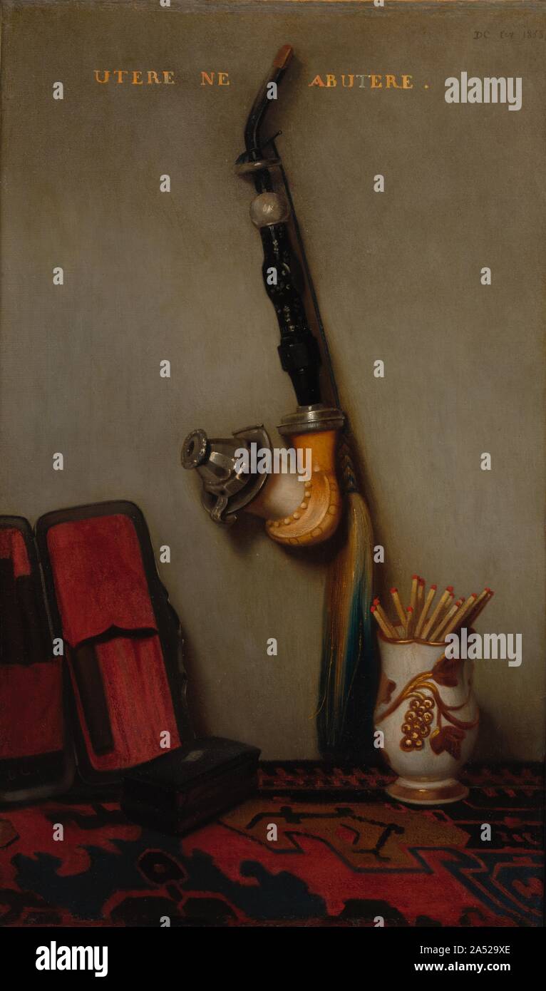 Nature morte à la Pipe et correspondances, 1858. L'artiste était un fumeur. Dans cette composition la place d'honneur est donné à un tuyau de l'Autriche vers le milieu du 19e siècle. Il est fait de matériaux précieux--écume, argent, ambre, corne ou bois laqué--qui sont soigneusement façonnés, tous rendus avec amour par l'artiste. Le cordon avec un gland (peut-être de crin) n'est pas seulement un élément décoratif, c'est une mesure de sécurité au cas où le précieux bol de la canalisation du tuyau se détache de la tige. Le tuyau est entouré par de simples accessoires du fumeur de cigare--un cas, une tabatière, et un m Banque D'Images