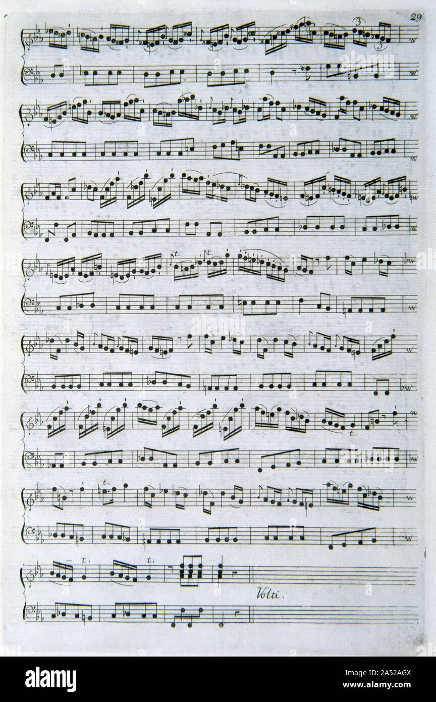PARTITURA - OBRA ARMONICA SONATES EN SUS DE CAMARA - SIGLO XVIII - PAG 29. Auteur : MANALT FRANCESC. Emplacement : BIBLIOTECA NACIONAL-COLECCION. MADRID. L'ESPAGNE. Banque D'Images
