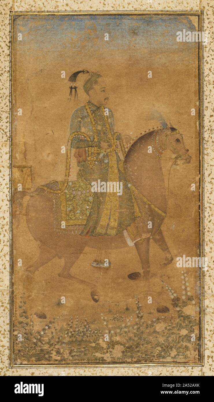 Abdullah Sultan Qutb Shah (1614-74) à cheval, c. 1635. Abdullah Sultan Qutb Shah accéda au trône de Golconda à l'âge de douze ans et a statué jusqu'à 1635 lorsque l'empereur Moghol Shah Jahan a envahi le Deccan. Bien que le Sultan Abdullah Qutb Shah a gardé sa position, il l'a fait dans des conditions nommé par Shah Jahan qui inclus le paiement d'un tribut de l'argent, la conversion à l'Islam sunnite, et la présence d'un agent à la politique de Mughal cour Golconda. Dans ce portrait à l'aquarelle, exécuté avec des couleurs douces qui complètent les accents dorés, le jeune Sultan diaphanes porte un châle sur sa Banque D'Images