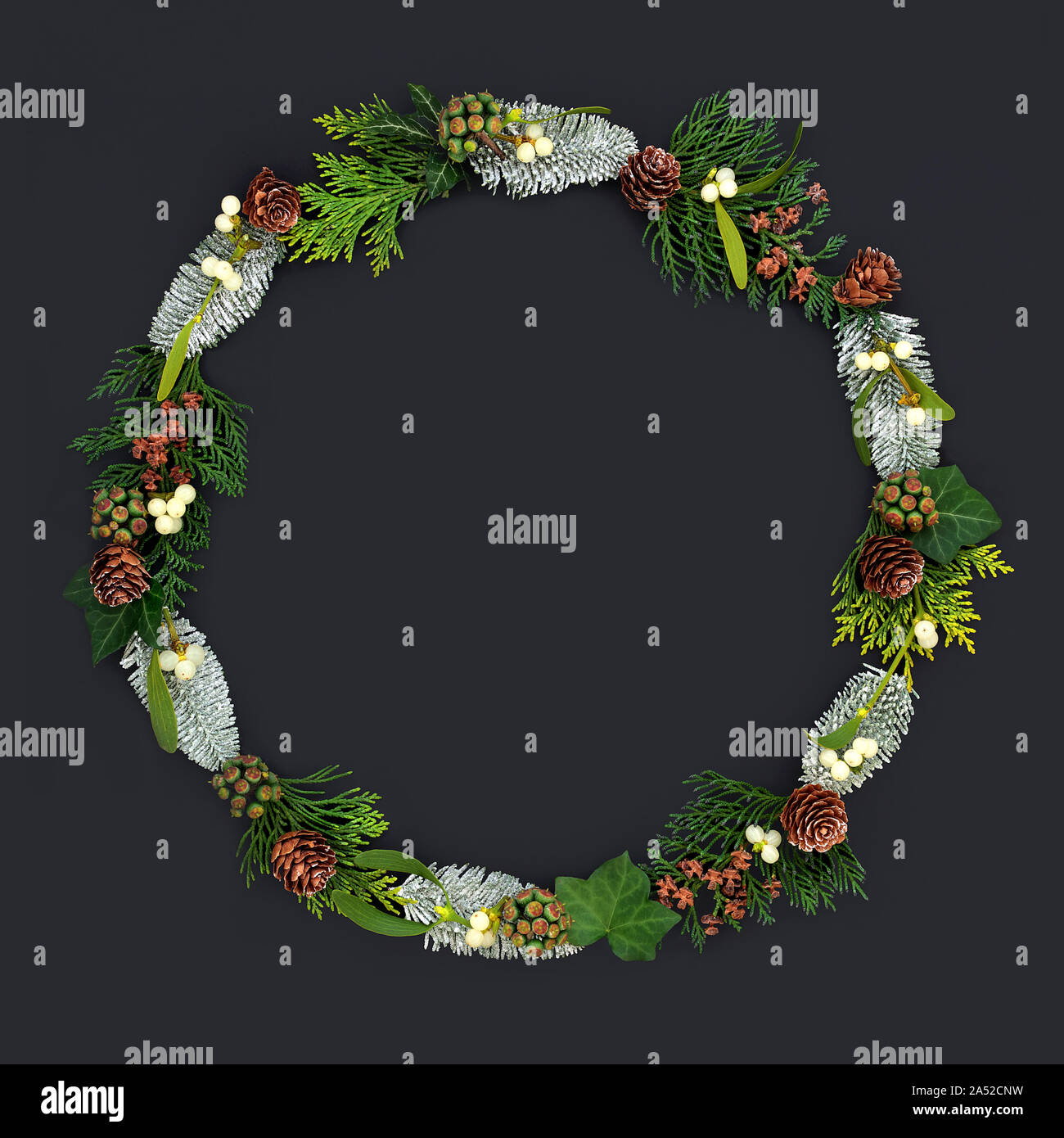 Couronne de Noël et d'hiver naturelles avec une variété de flore et faune sur fond gris foncé avec l'exemplaire de l'espace. Banque D'Images Couronne de Noël et d'hiver naturelles avec une variété de flore et faune sur fond gris foncé avec l'exemplaire de l'espace. Banque D'Images