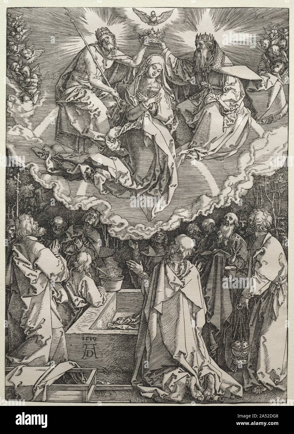 L'Assomption et du couronnement de la Vierge, 1510. D&# xfc;rer dépeint la scène de la Vierge&# x2019;s la mort (1959.99.18) en tant qu'intime, avec les apôtres veillée tenue autour de son lit de mort. Trois jours plus tard, ils ont été témoins Marie&# x2019;s'assomption corporelle au paradis où elle a été couronnée Reine du Ciel (1959.99.19). L'impression finale (1959.99.20), qui, selon certains, a été conçu indépendamment de la série, car il se situe en dehors de la narration classique, montre la Vierge dans un cadre domestique entouré par plusieurs saints, anges, et putti que célébrer sa vie-un particulièrement f Banque D'Images