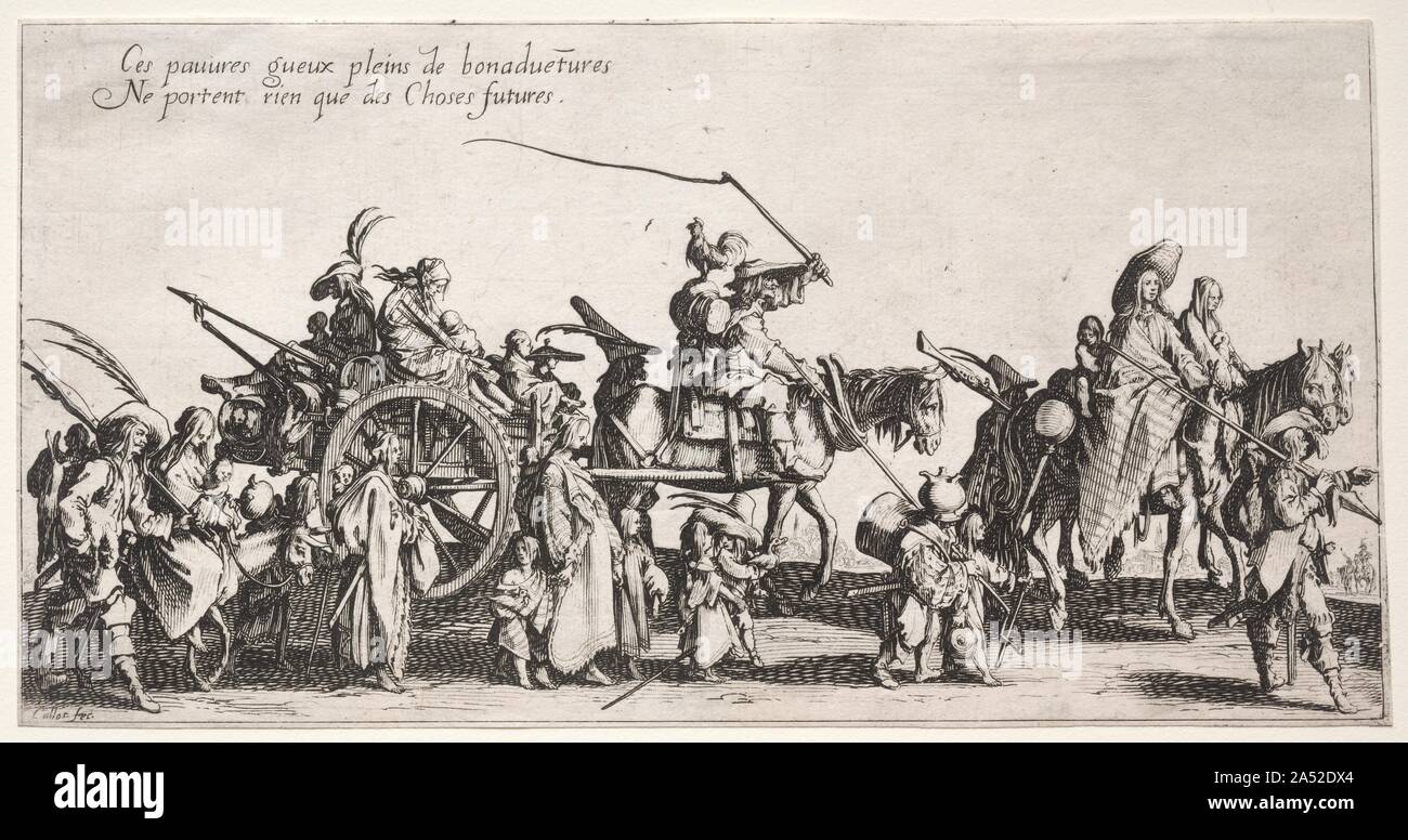 Les bohémiens : les Bohémiens Marcher : l'arrière-garde, ch. 1621-1625. Jacques Callot, un maître dessinateur, a passé la plus grande partie de sa vie à la cour ducale de la Toscane et de la Lorraine, où il a produit imprime pour enregistrer les festivals et les représentations théâtrales. Il a également exécuté des sujets religieux et des scènes qui reflète de nombreux aspects de la vie quotidienne y compris la guerre, omniprésente dans l'Europe du 17e siècle. Lors du retour en France de l'Italie, Callot probablement vu des bandes de rootless, hommes, femmes et enfants&# x2014;une vue commune&# x2014;qui est devenu l'objet de La Bohème . Il a conçu de ces quatre pri Banque D'Images