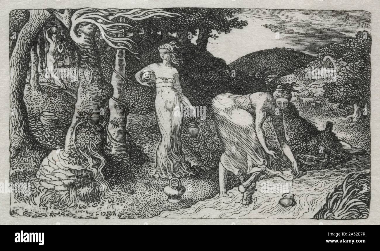 Le Brook, 1829. Calvert était tellement influencé par les gravures sur bois de William Blake que les brebis de son pâturage est directement fondée sur une illustration pour les pastorales de Virgile (sur voir à proximité). Calvert, cependant, même plus de Blake, exploiter la capacité de la gravure sur bois pour atteindre les plus fins détails, si étonnant dans ces miniatures. L'objet de Calvert est issue d'une vision de l'âge d'or de l'innocence pastorale et l'abondance qui a des connotations classique et chrétienne. Les femmes dans le ruisseau ressemblent à des figures sculptées sur les pierres antiques, et les souches d'arbre symbolisent la tran Banque D'Images